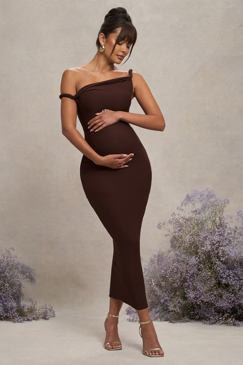 Salome | Chocolate Brown Twisted Asymmetric Maternity Midi Dress - Club L 