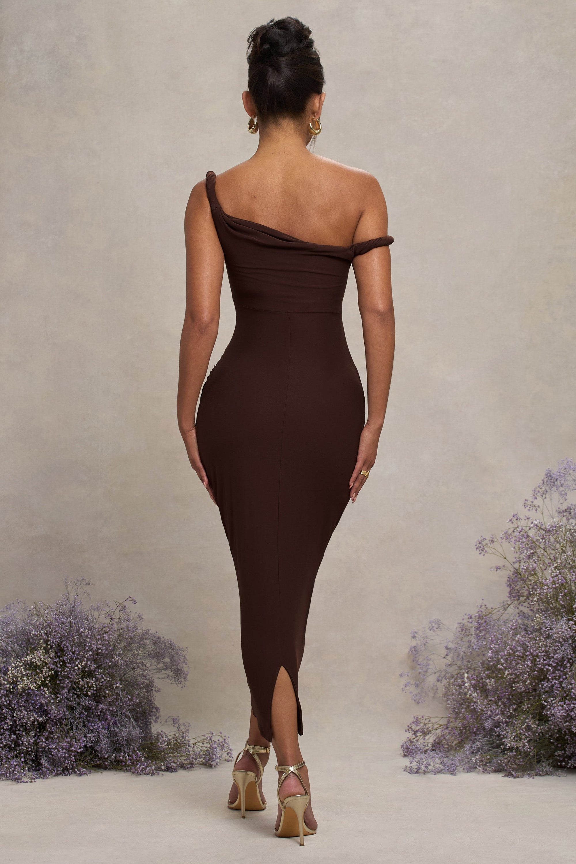 Salome | Chocolate Brown Twisted Asymmetric Maternity Midi Dress - Club L 