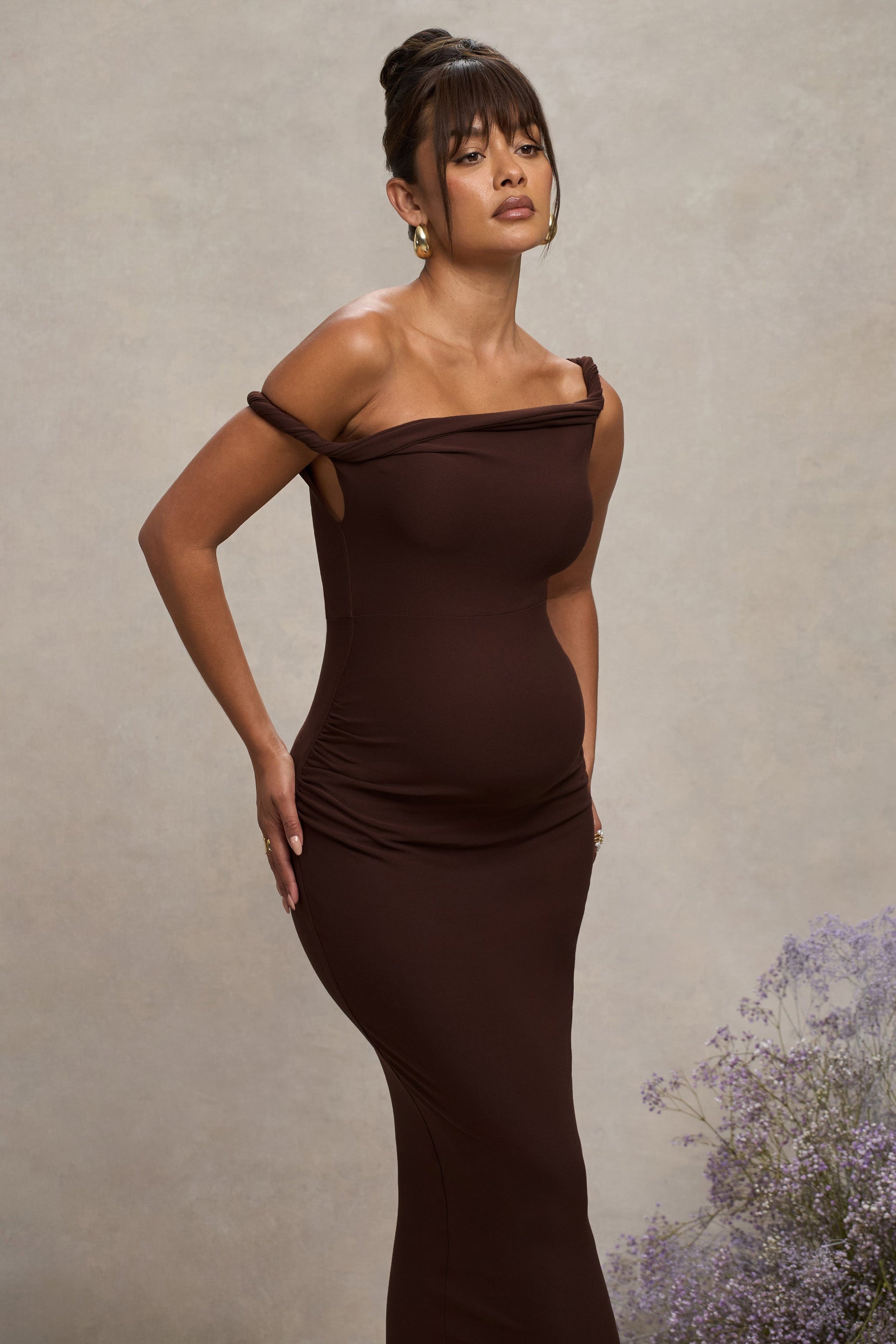 Salome | Chocolate Brown Twisted Asymmetric Maternity Midi Dress - Club L 