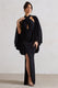 Audrina | Black Ruched Halter-Neck Split Maxi Dress With Cape - Club L 