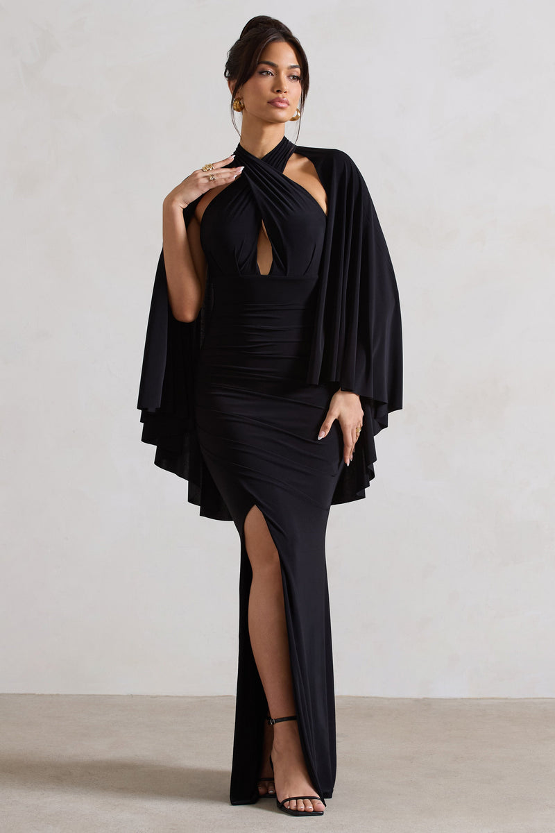 Audrina | Black Ruched Halter-Neck Split Maxi Dress With Cape - Club L 