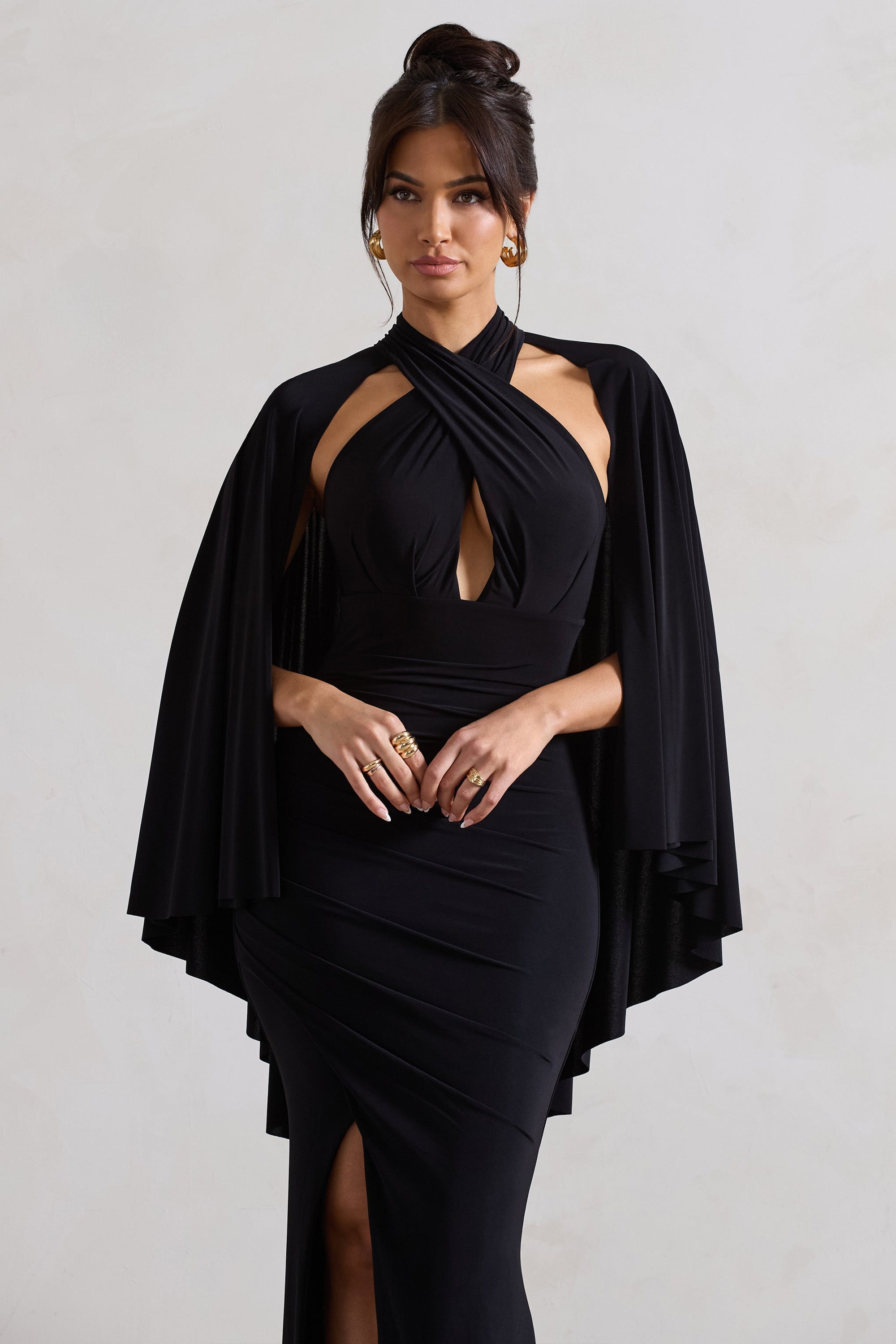 Audrina | Black Ruched Halter-Neck Split Maxi Dress With Cape - Club L 