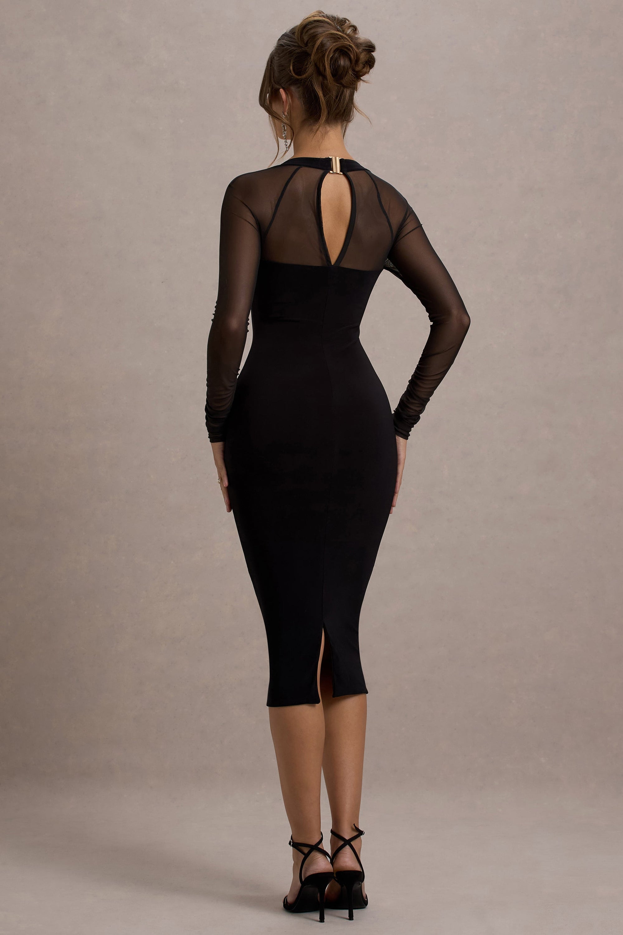Off Track | Black Bodycon Midi Dress With Sheer Sleeves - Club L 