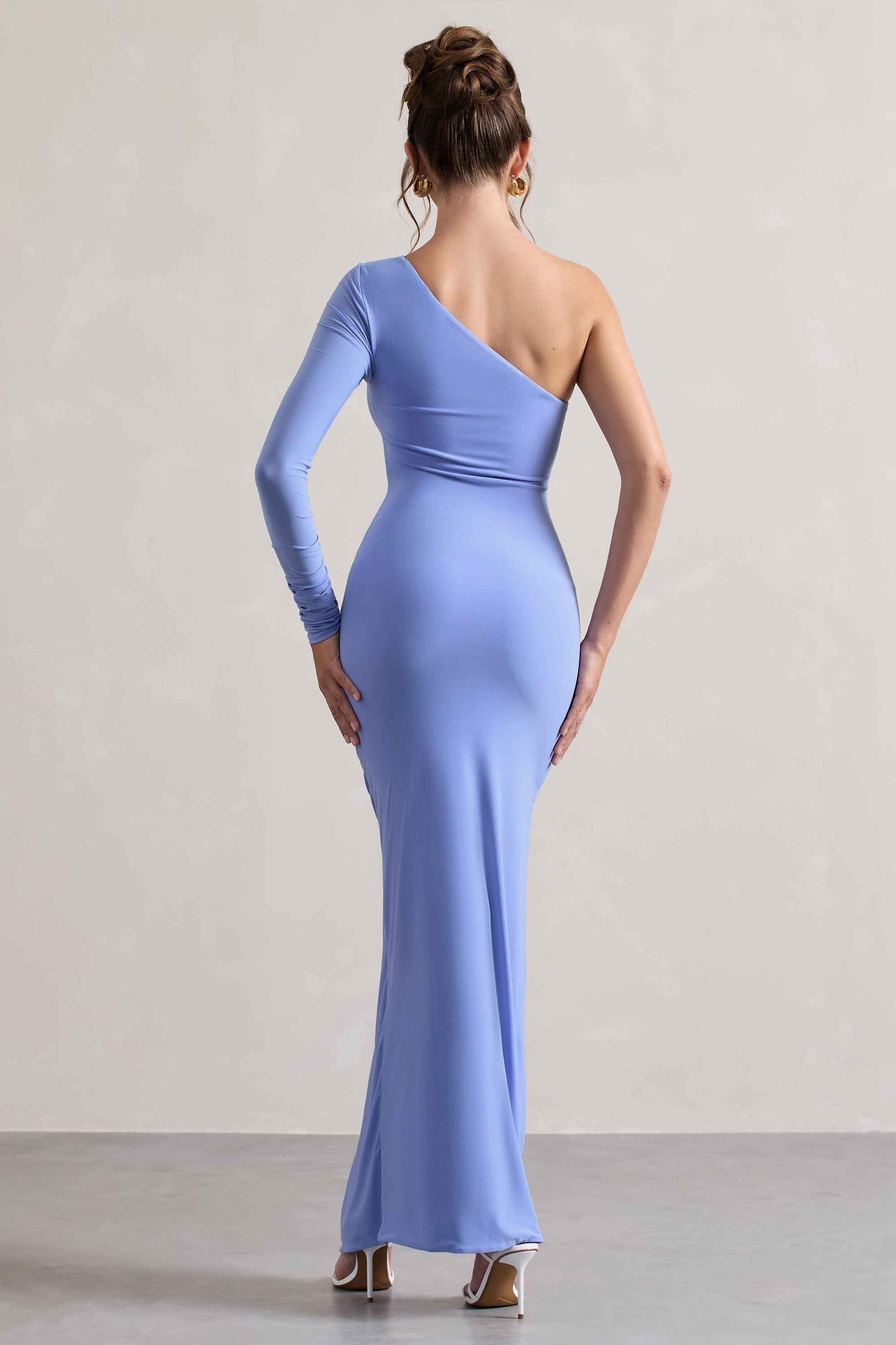 Anima | Pale Blue Asymmetric Ruched One-Sleeve Maxi Dress - Club L 