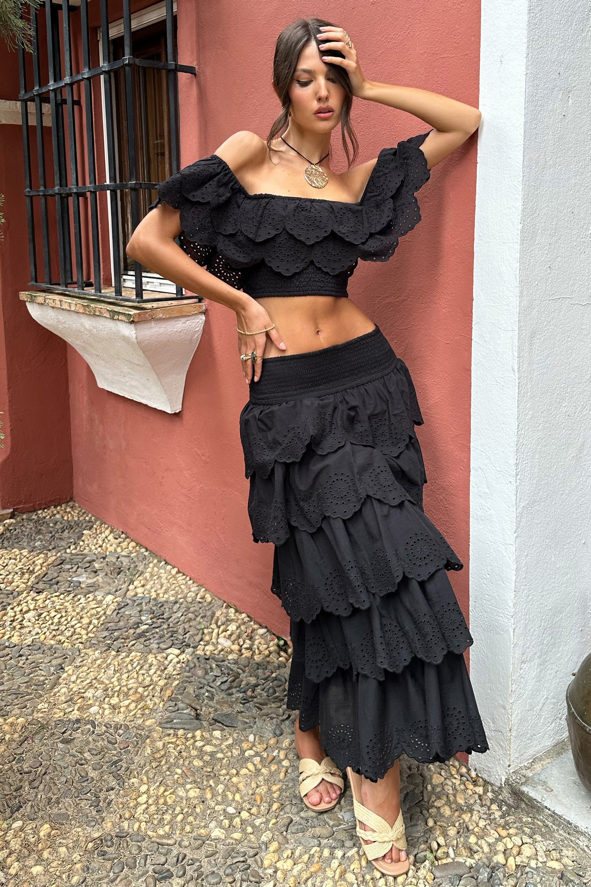 Vista | Black Broderie Ruffled Tiered Maxi Skirt - Club L 