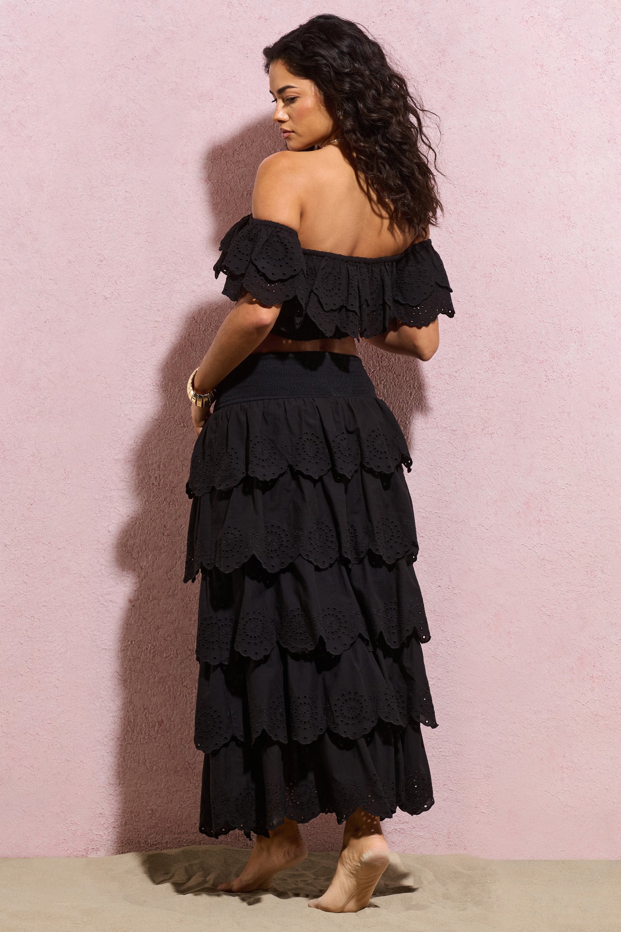 Vista | Black Broderie Ruffled Tiered Maxi Skirt - Club L 