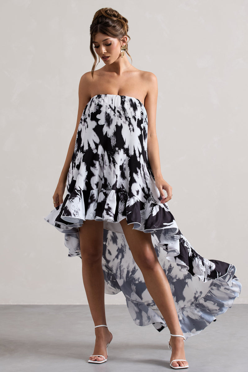 Whistler | Monochrome Floral Chiffon Bandeau High-Low Ruffled Maxi Dress - Club L 