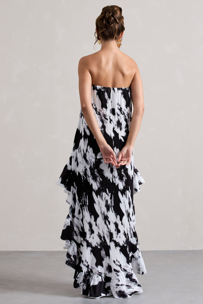 Whistler | Monochrome Floral Chiffon Bandeau High-Low Ruffled Maxi Dress - Club L 
