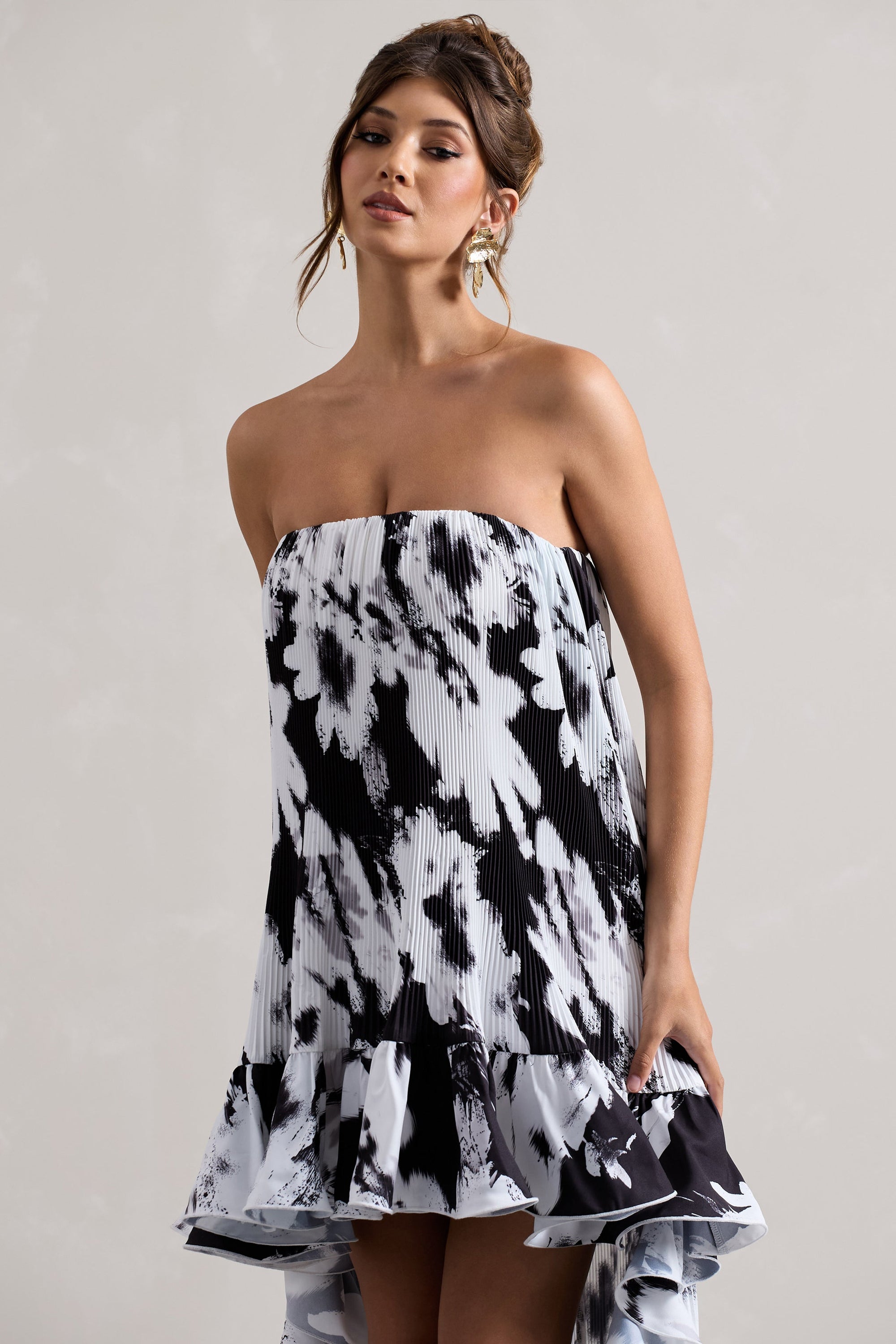 Whistler | Monochrome Floral Chiffon Bandeau High-Low Ruffled Maxi Dress - Club L 