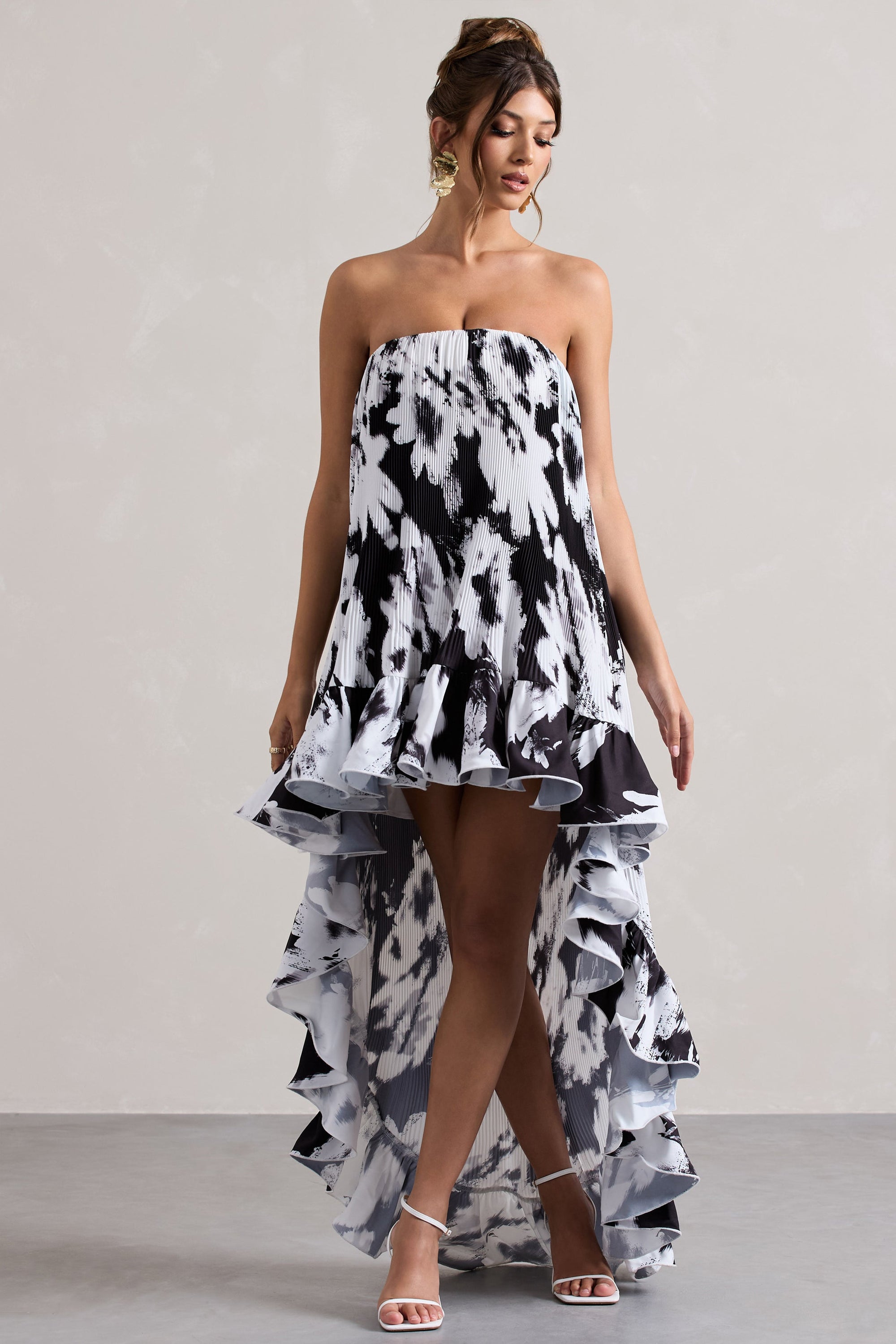 Whistler | Monochrome Floral Chiffon Bandeau High-Low Ruffled Maxi Dress - Club L 