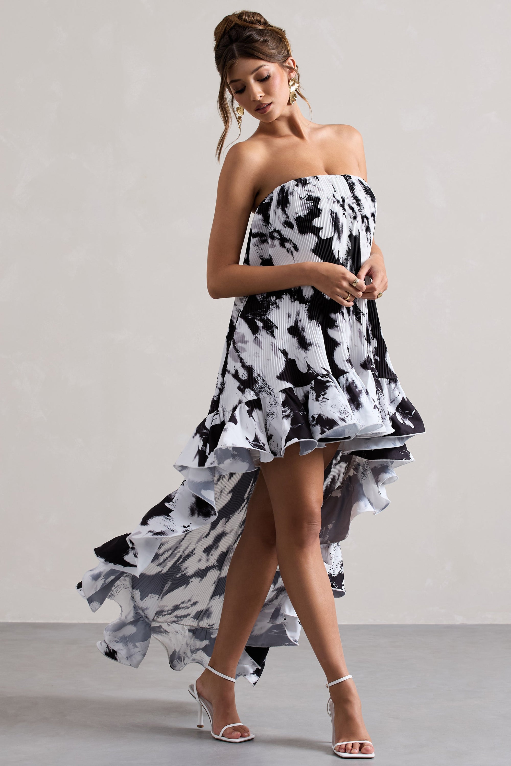 Whistler | Monochrome Floral Chiffon Bandeau High-Low Ruffled Maxi Dress - Club L 