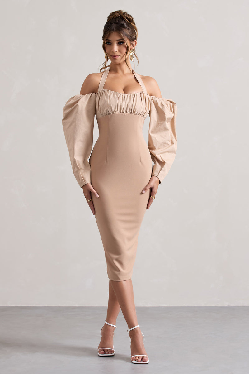 Couture Client | Champagne Halter-Neck Puff Sleeve Midi Dress - Club L 