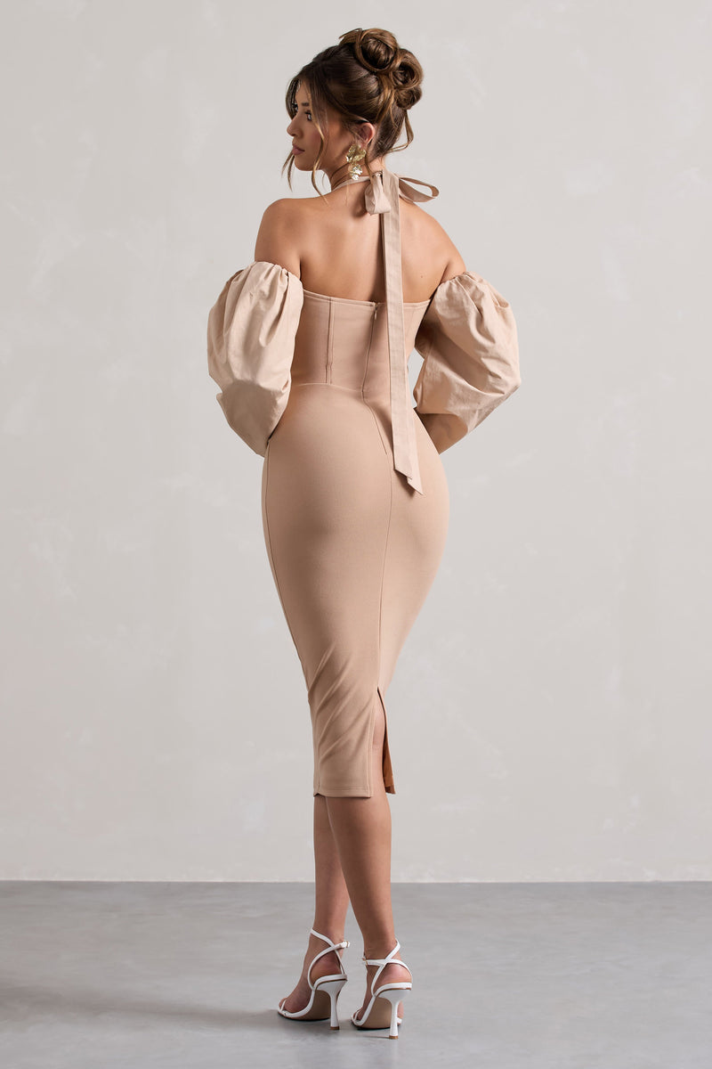 Couture Client | Champagne Halter-Neck Puff Sleeve Midi Dress - Club L 