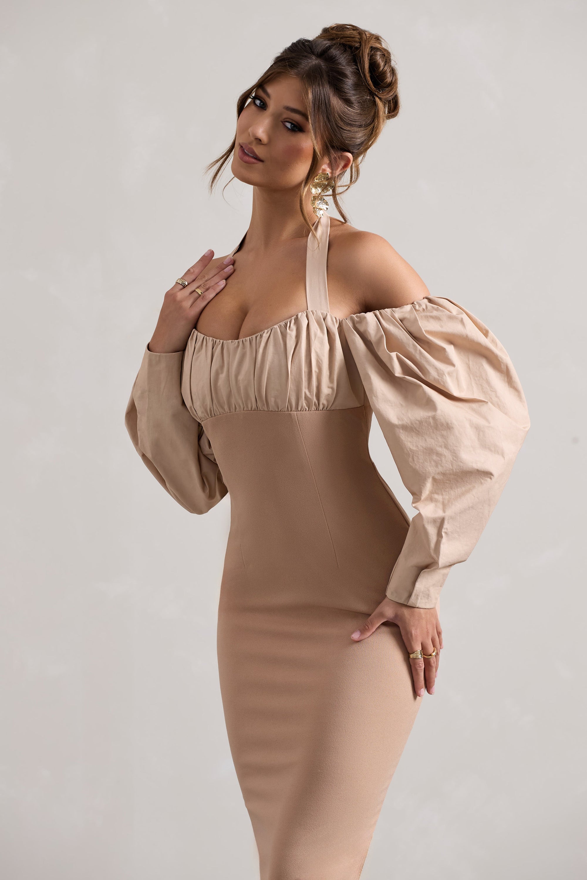 Couture Client | Champagne Halter-Neck Puff Sleeve Midi Dress - Club L 