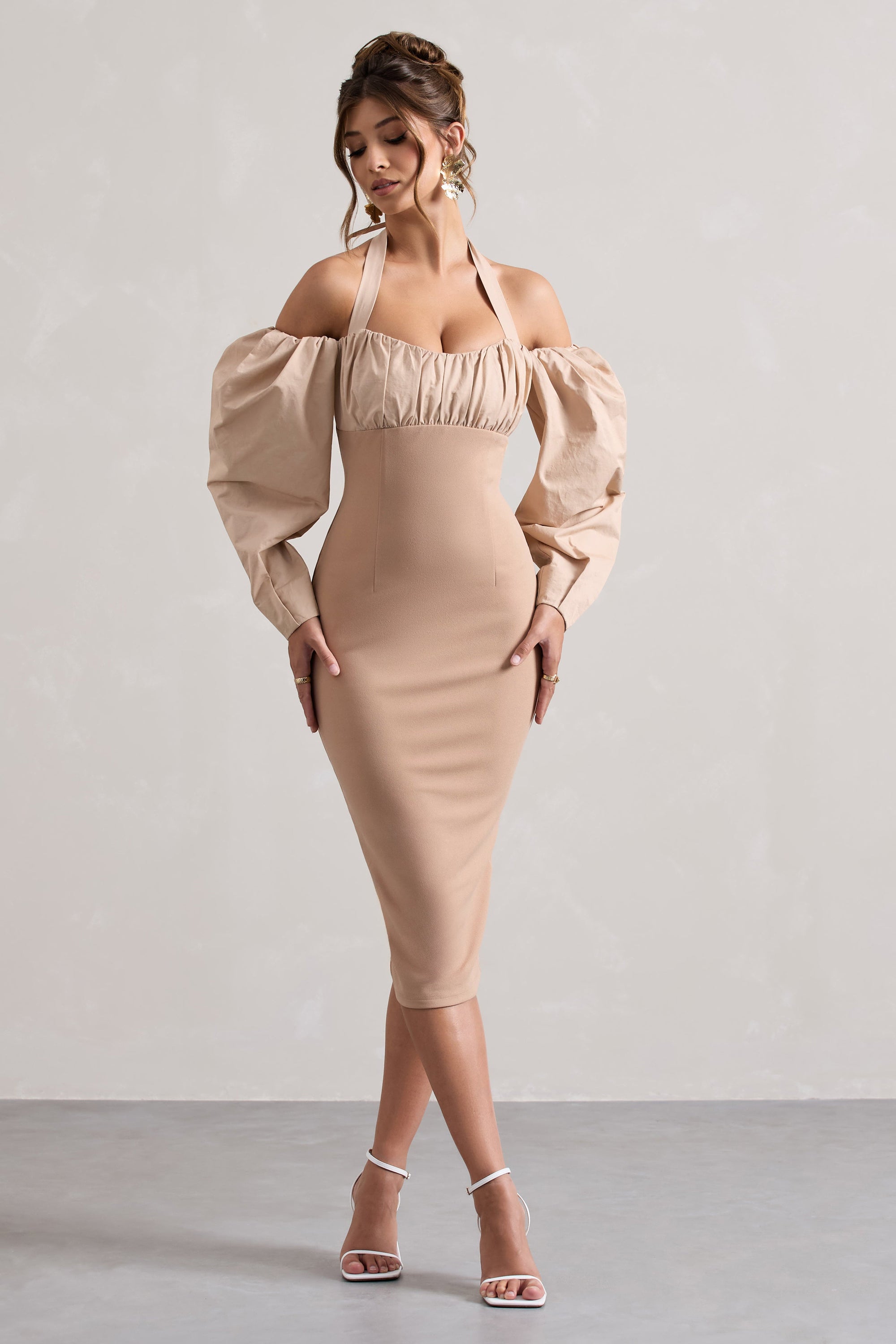 Couture Client | Champagne Halter-Neck Puff Sleeve Midi Dress - Club L 