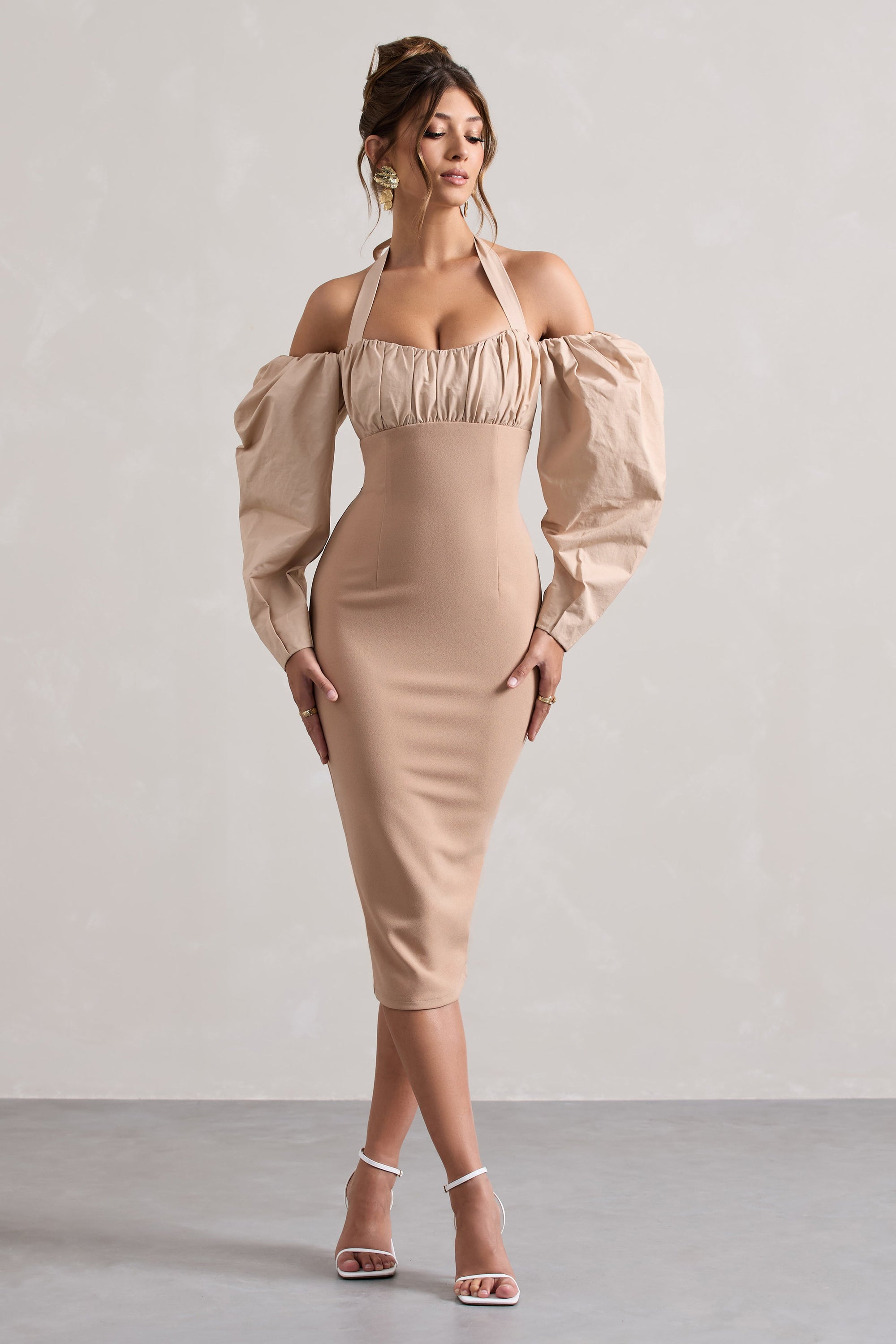 Couture Client | Champagne Halter-Neck Puff Sleeve Midi Dress - Club L 