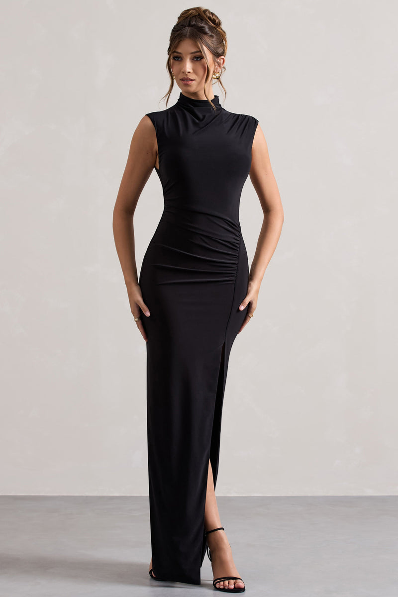 Lanetta | Black Ruched High-Neck Maxi Dress With Split - Club L 
