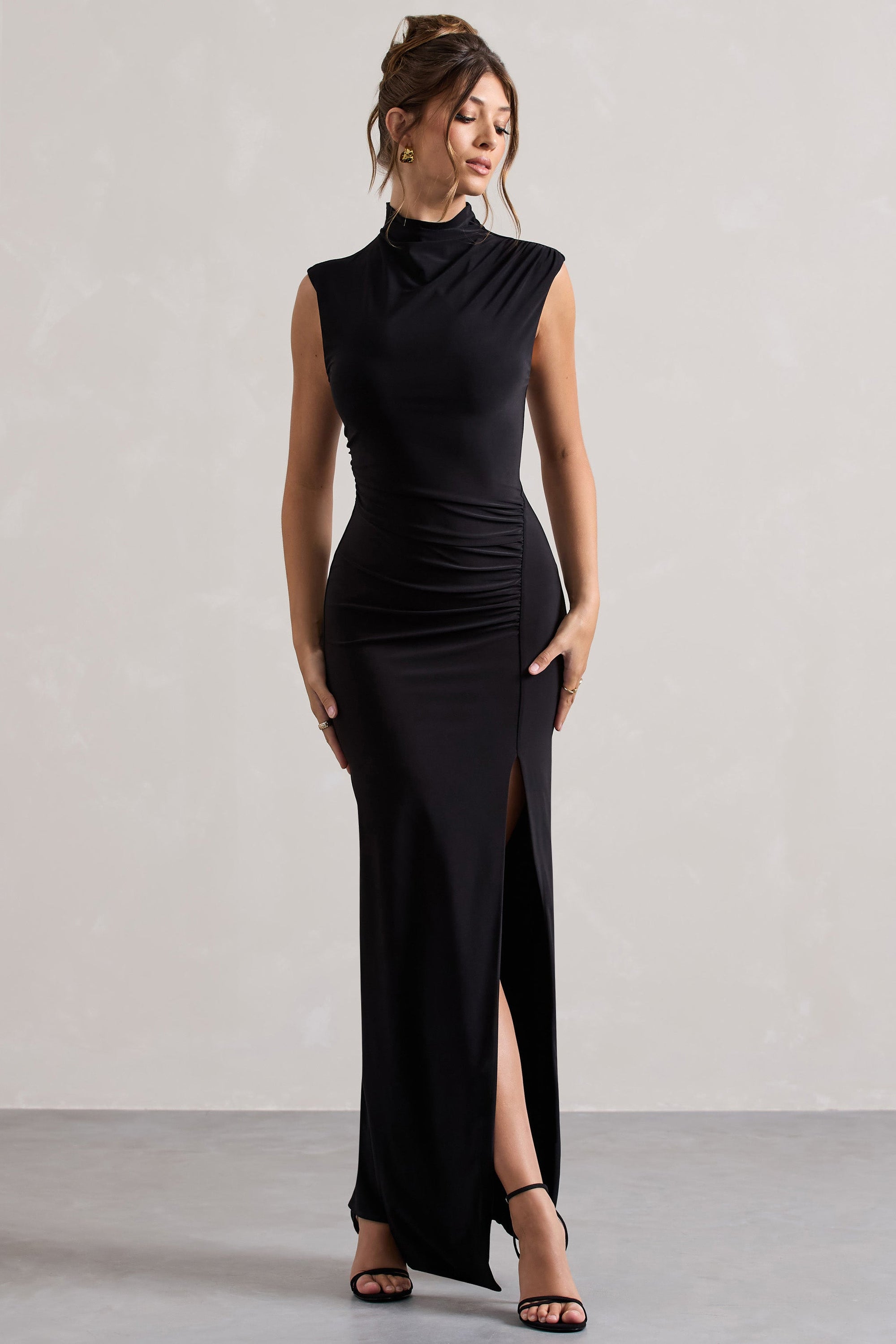 Lanetta | Black Ruched High-Neck Maxi Dress With Split - Club L 