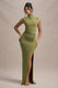 Lanetta | Olive Ruched High-Neck Maxi Dress With Split - Club L 