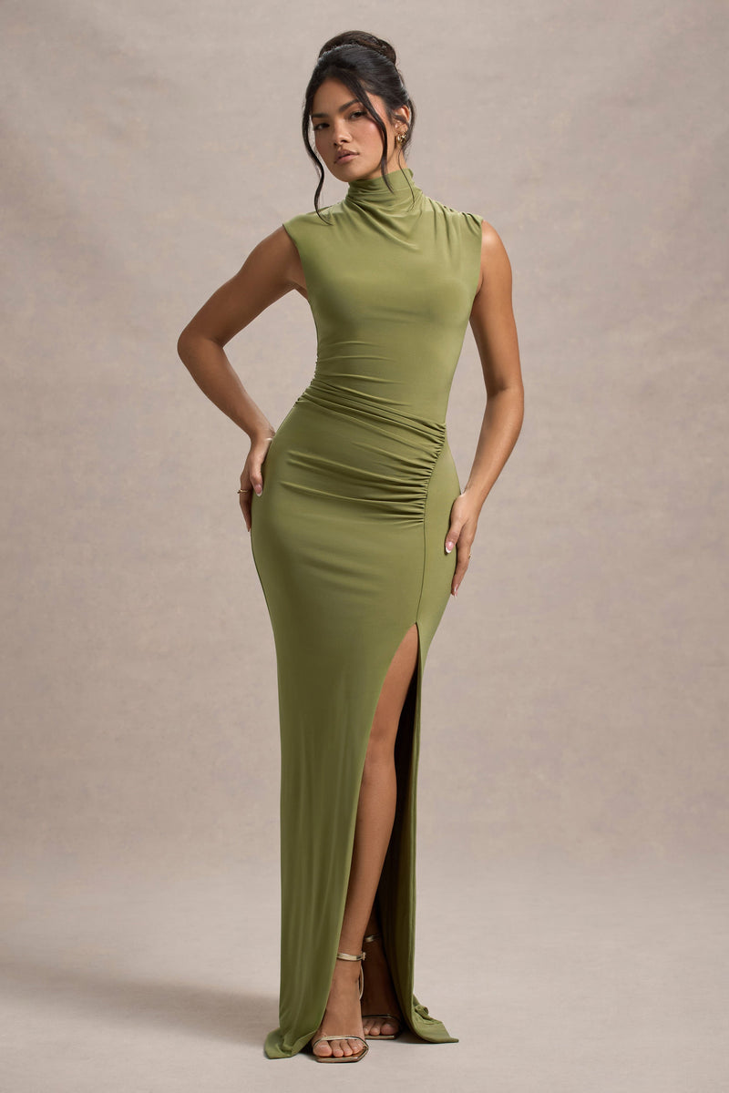 Lanetta | Olive Ruched High-Neck Maxi Dress With Split - Club L 