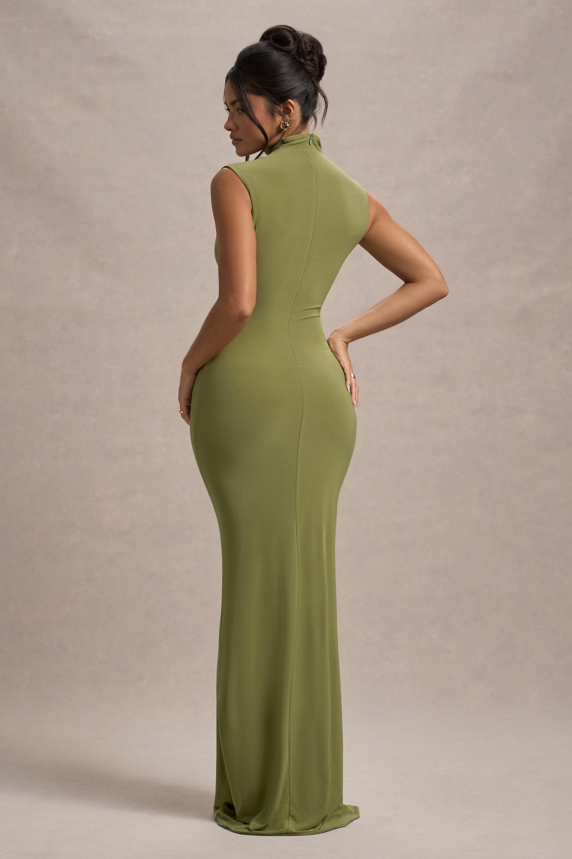 Lanetta | Olive Ruched High-Neck Maxi Dress With Split - Club L 