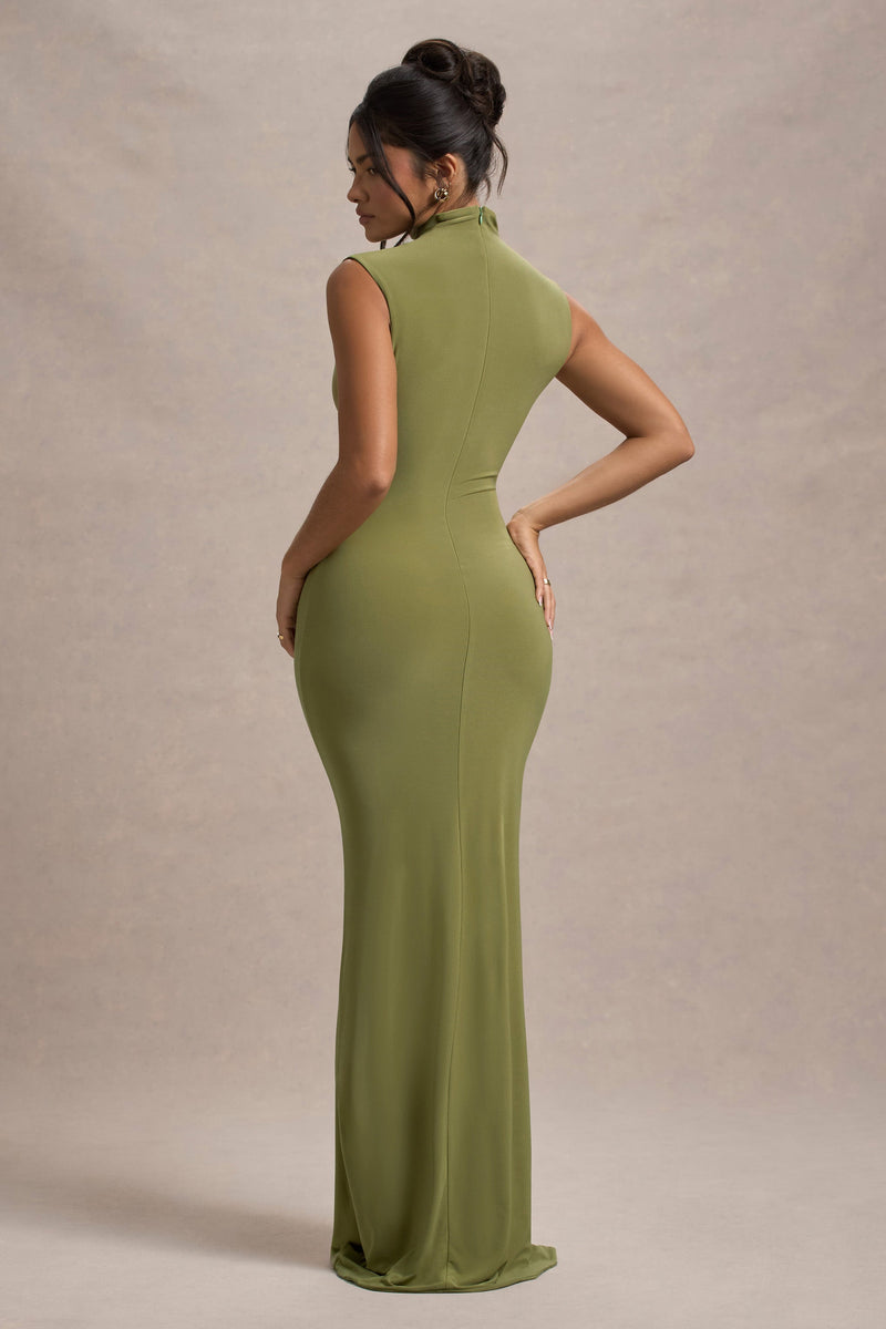 Lanetta | Olive Ruched High-Neck Maxi Dress With Split - Club L 