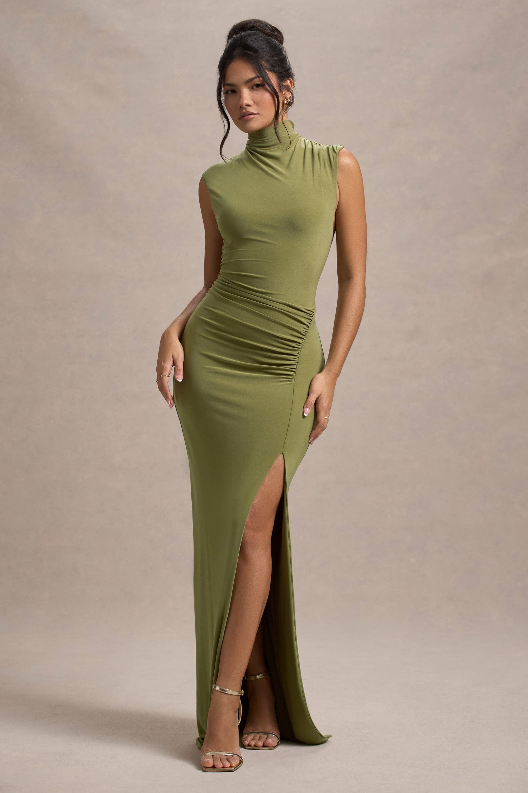 Lanetta | Olive Ruched High-Neck Maxi Dress With Split - Club L 