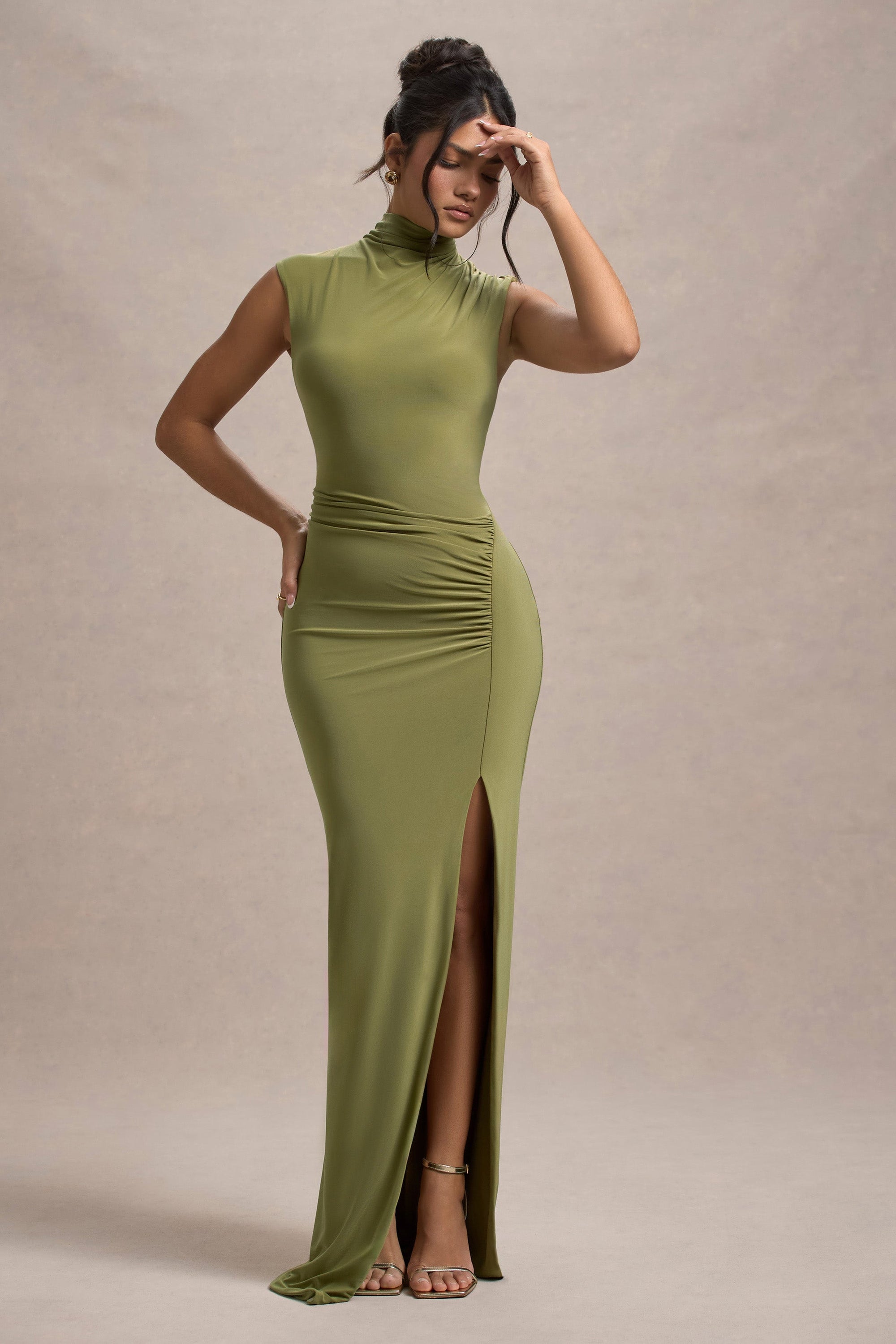 Lanetta | Olive Ruched High-Neck Maxi Dress With Split - Club L 