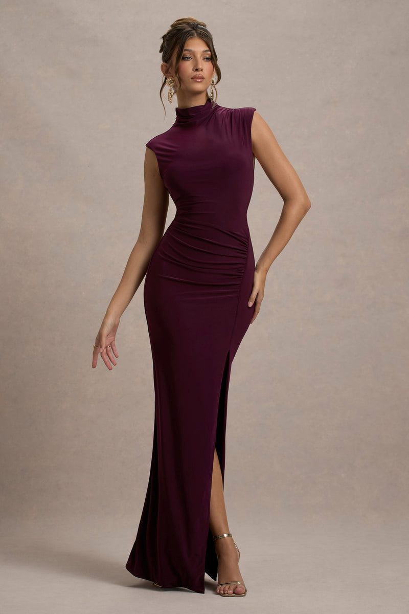 Lanetta | Plum Ruched High-Neck Maxi Dress With Split - Club L 