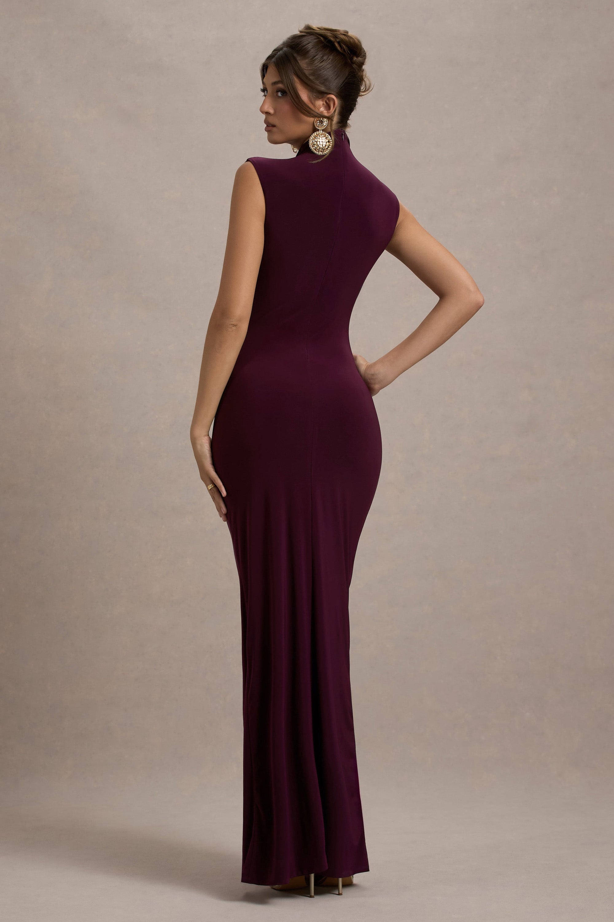 Lanetta | Plum Ruched High-Neck Maxi Dress With Split - Club L 