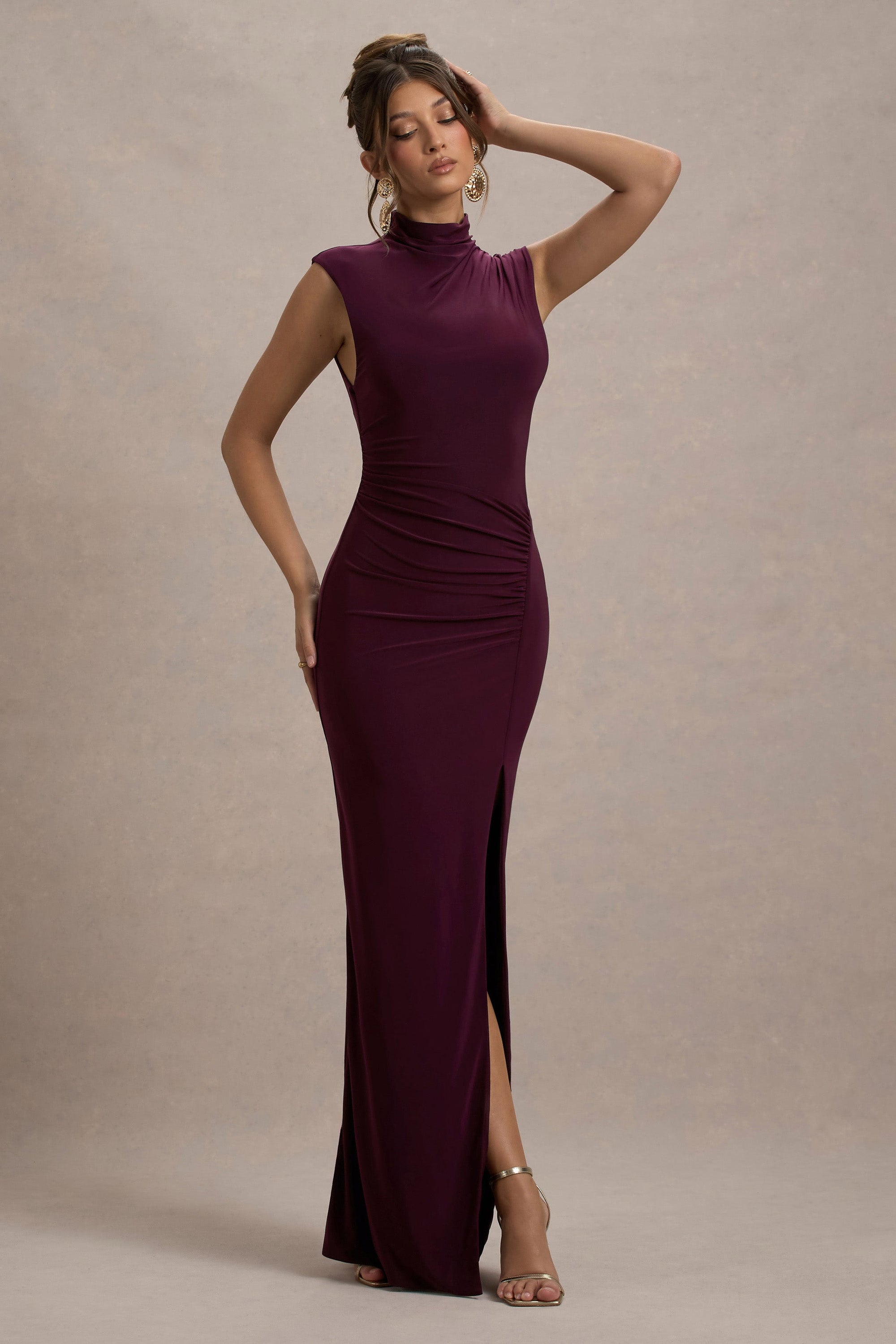 Lanetta | Plum Ruched High-Neck Maxi Dress With Split - Club L 