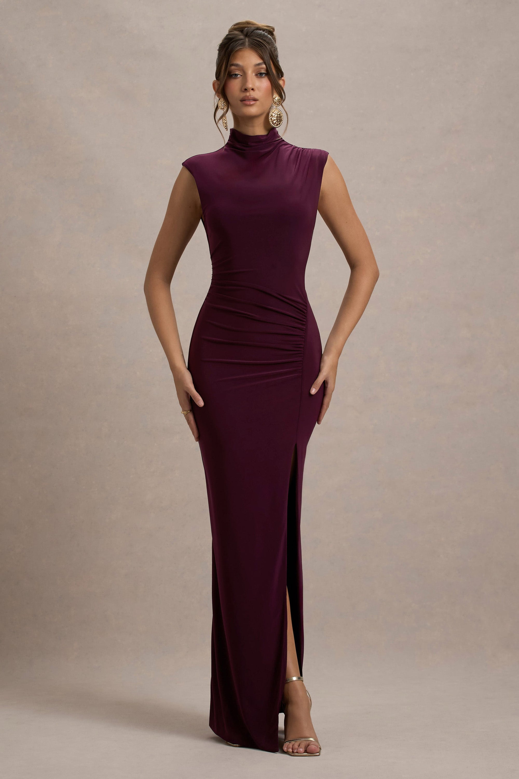 Lanetta | Plum Ruched High-Neck Maxi Dress With Split - Club L 