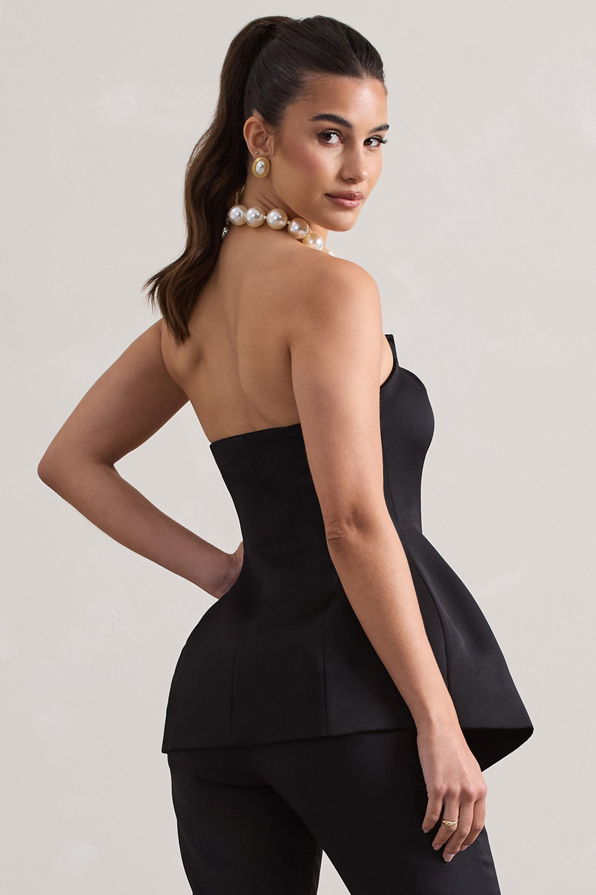 Century | Black Satin Strapless Button Front Corset Top - Club L 