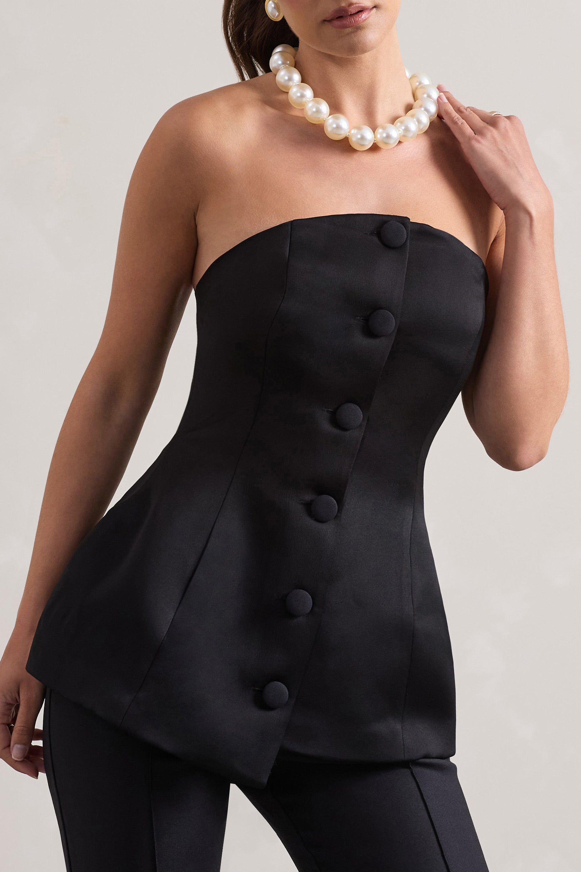 Century | Black Satin Strapless Button Front Corset Top - Club L 
