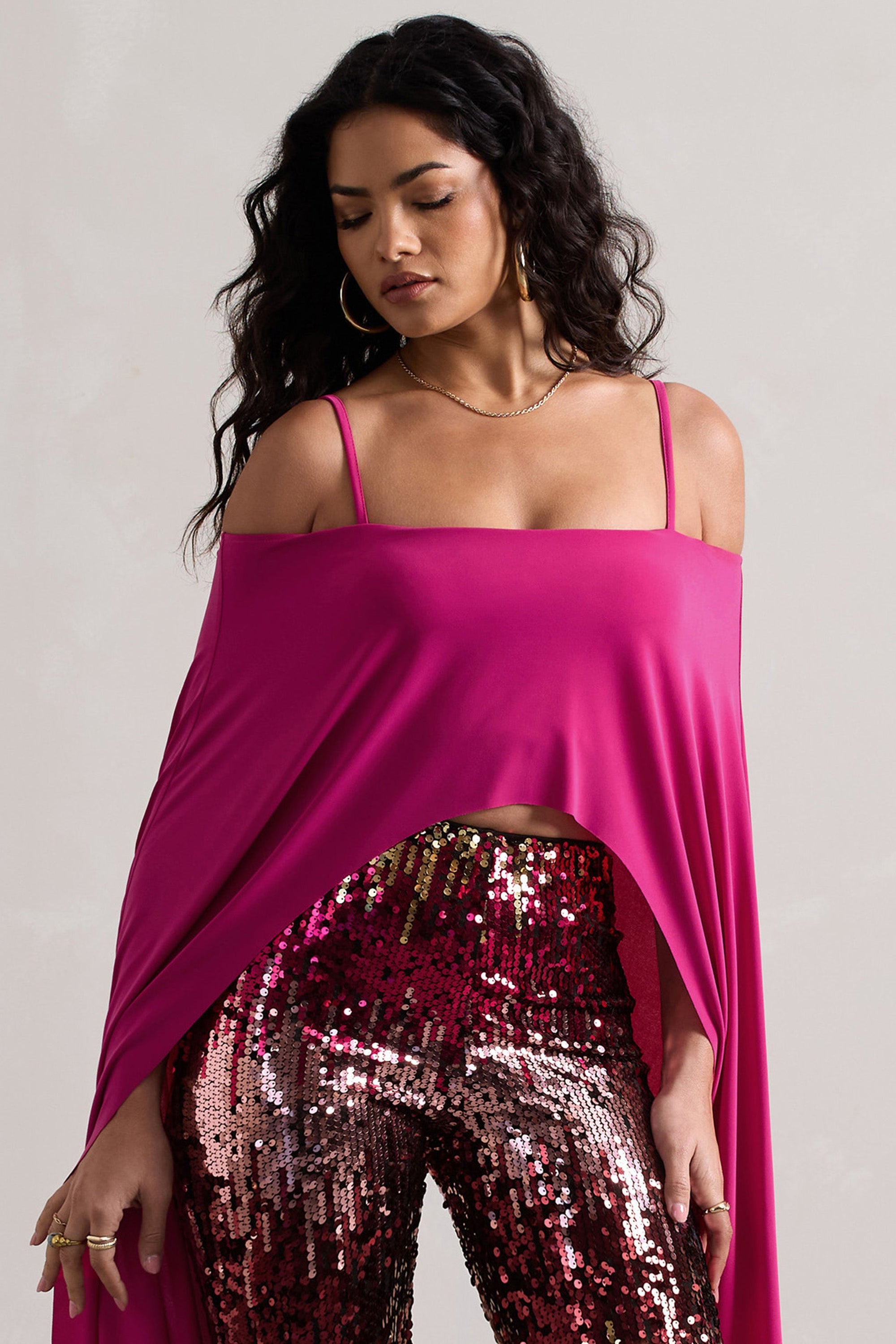 Floyd | Dark Pink Bardot Cape Sleeve Crop Top - Club L 