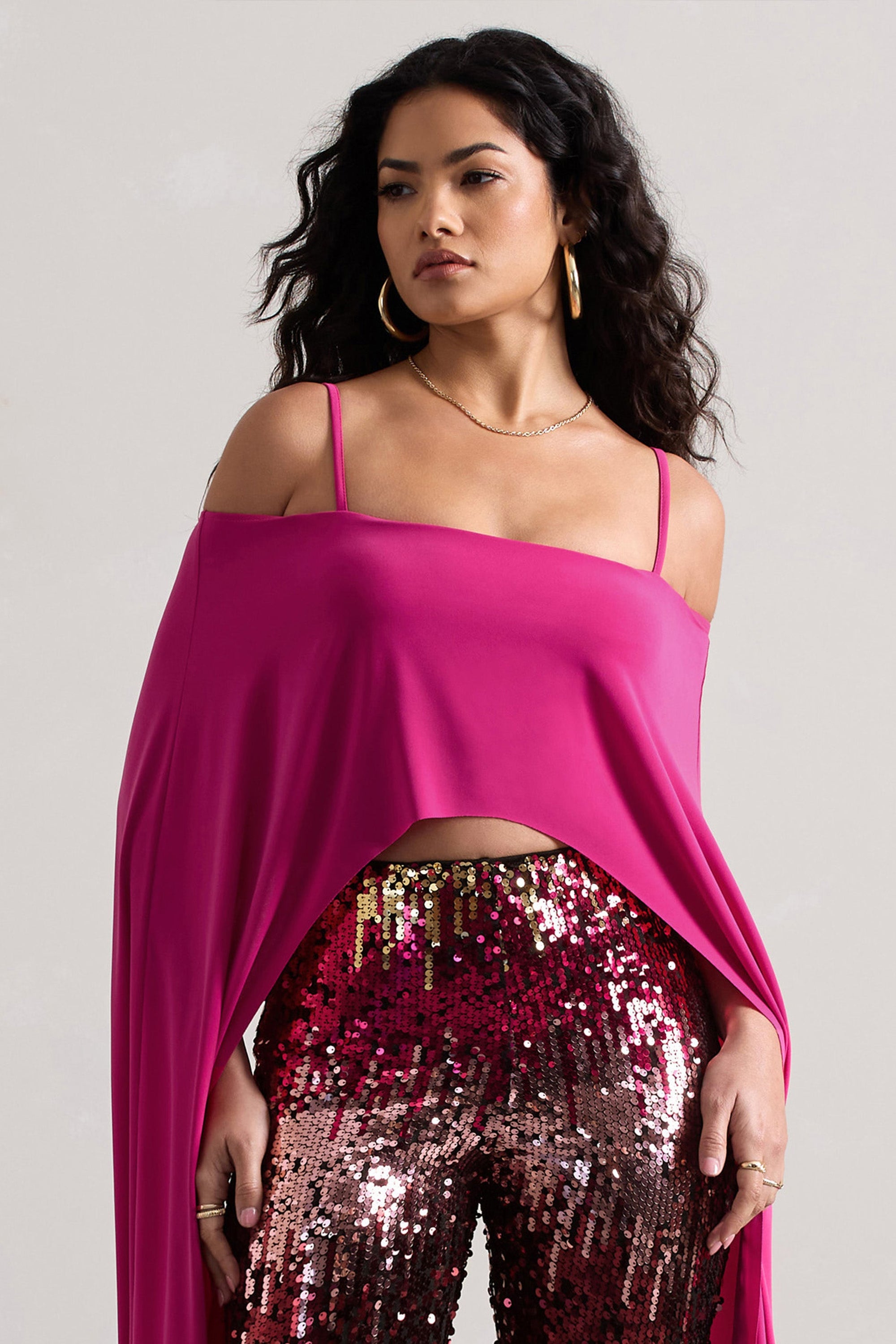 Floyd | Dark Pink Bardot Cape Sleeve Crop Top - Club L 
