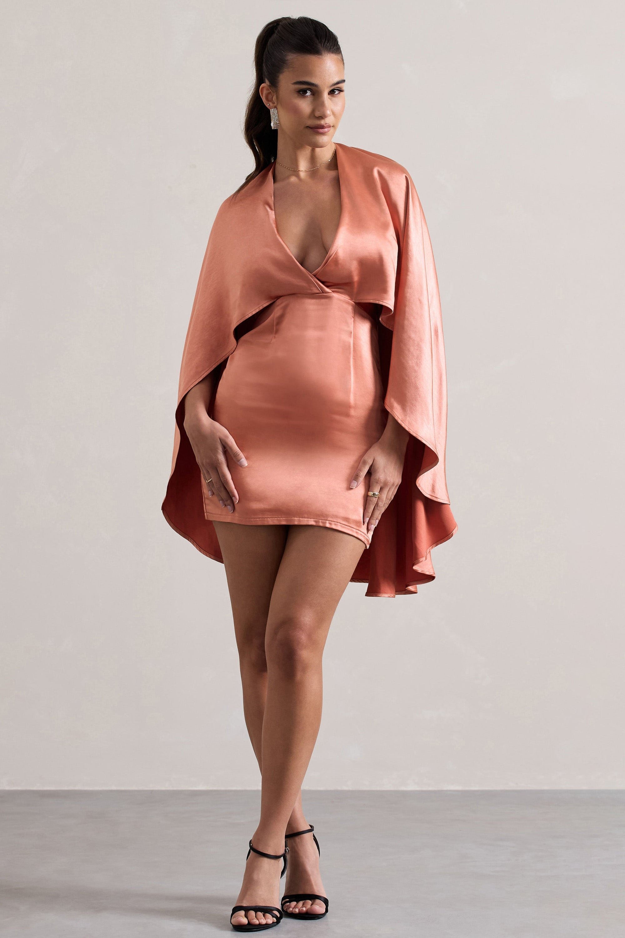 Olsen | Coral Satin Plunge-Neck Cape Mini Dress - Club L 