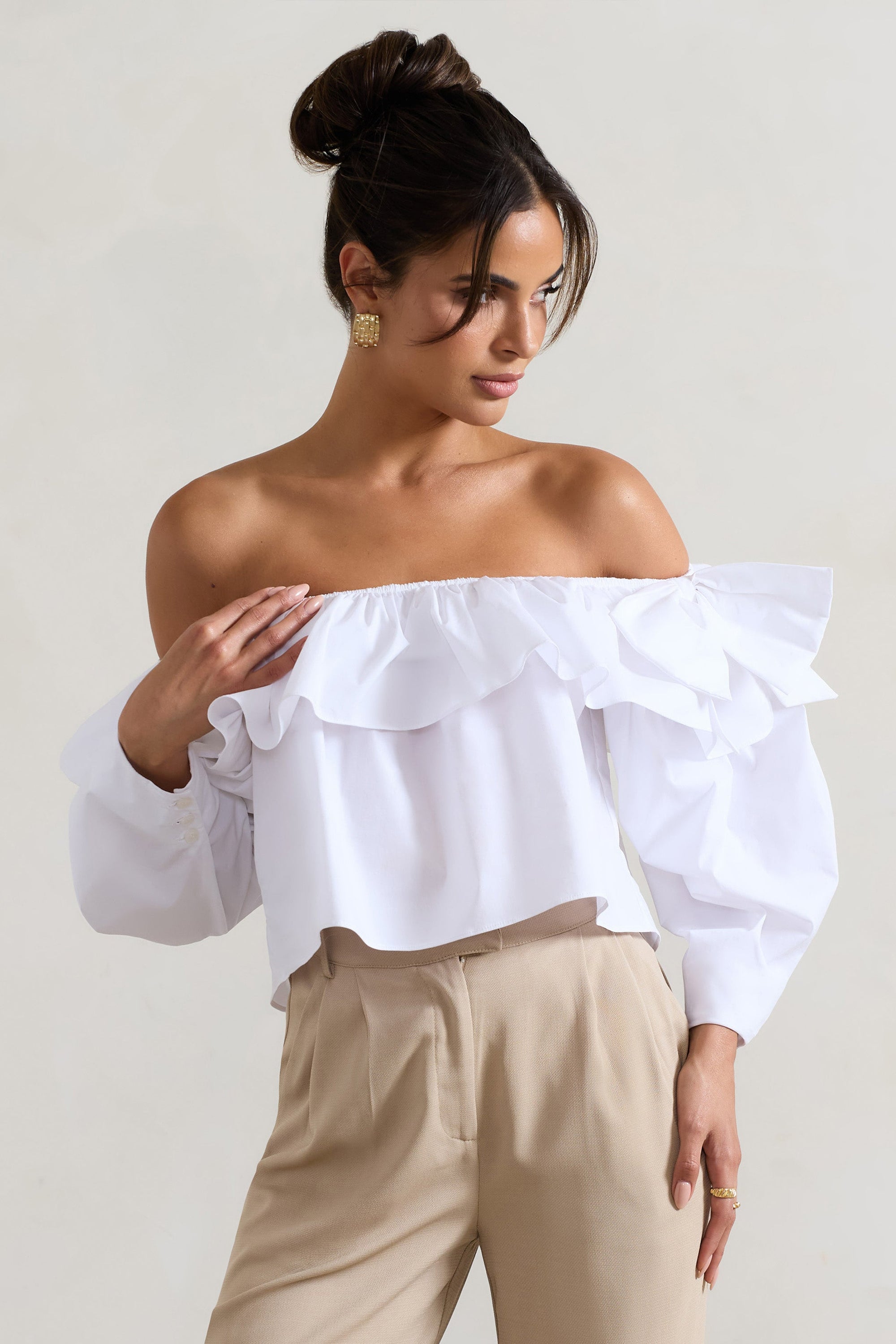 Cove | White Bardot Puff-Sleeve Ruffle Top With Bows - Club L 