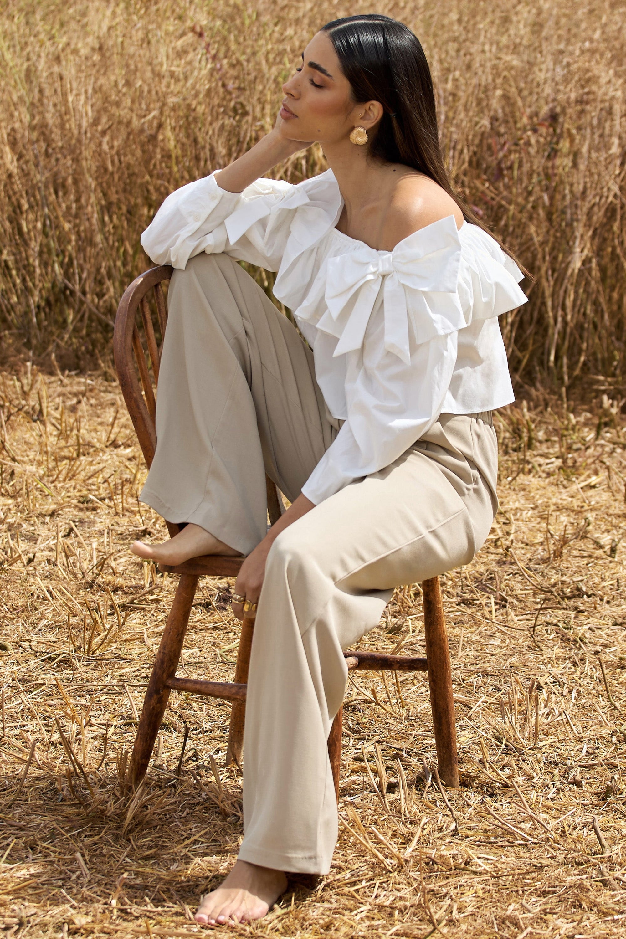 Cove | White Bardot Puff-Sleeve Ruffle Top With Bows - Club L 