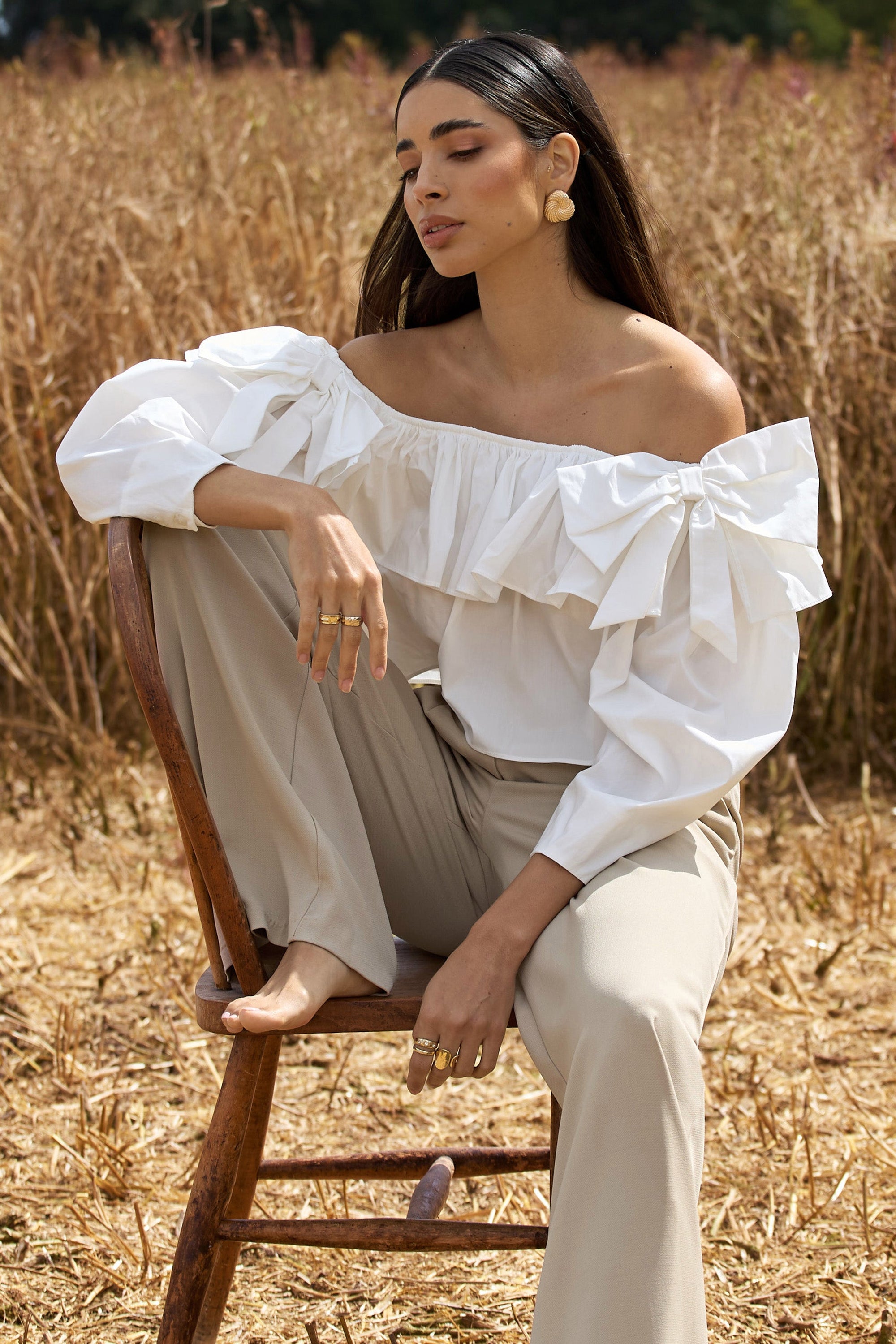 Cove | White Bardot Puff-Sleeve Ruffle Top With Bows - Club L 