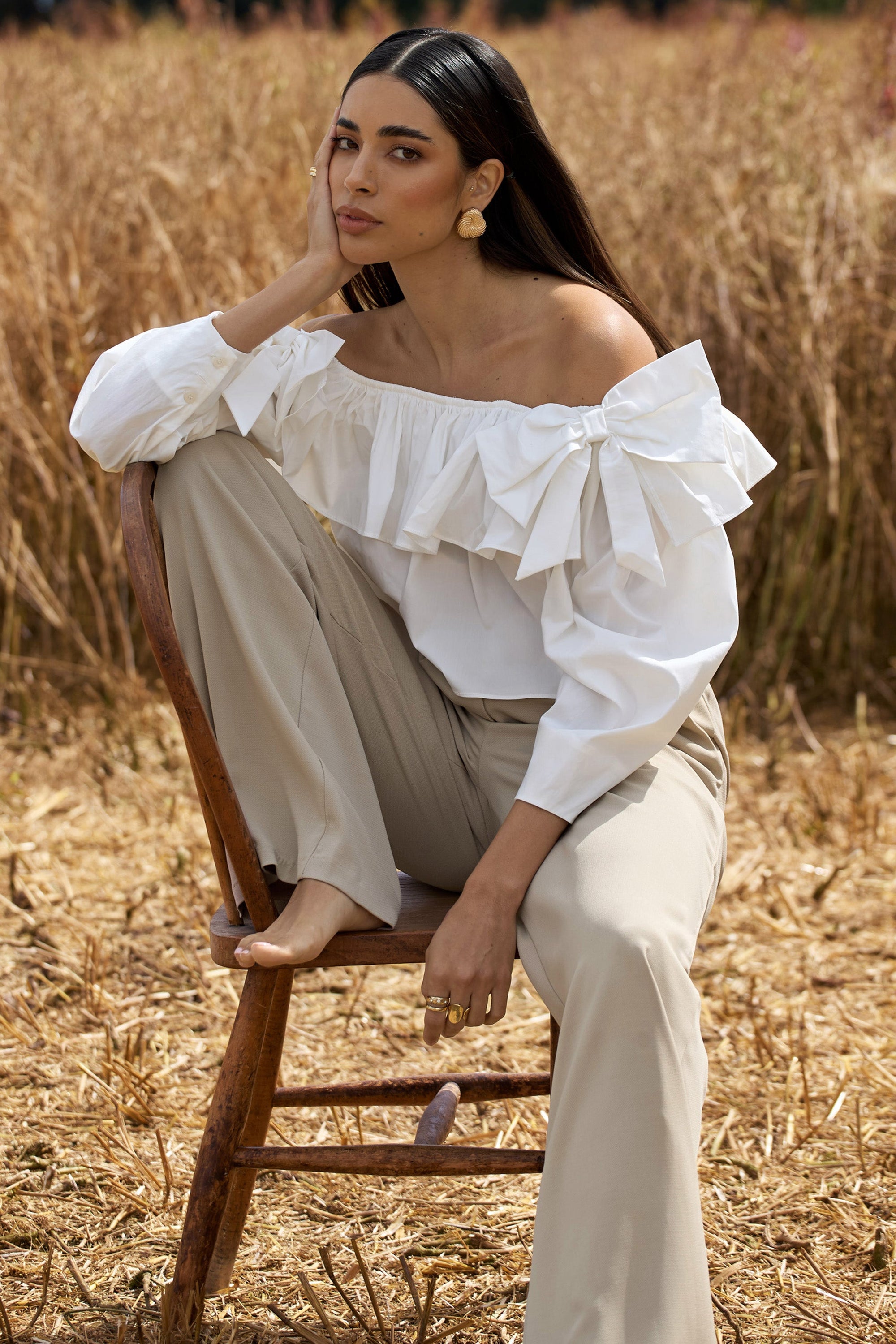 Cove | White Bardot Puff-Sleeve Ruffle Top With Bows - Club L 