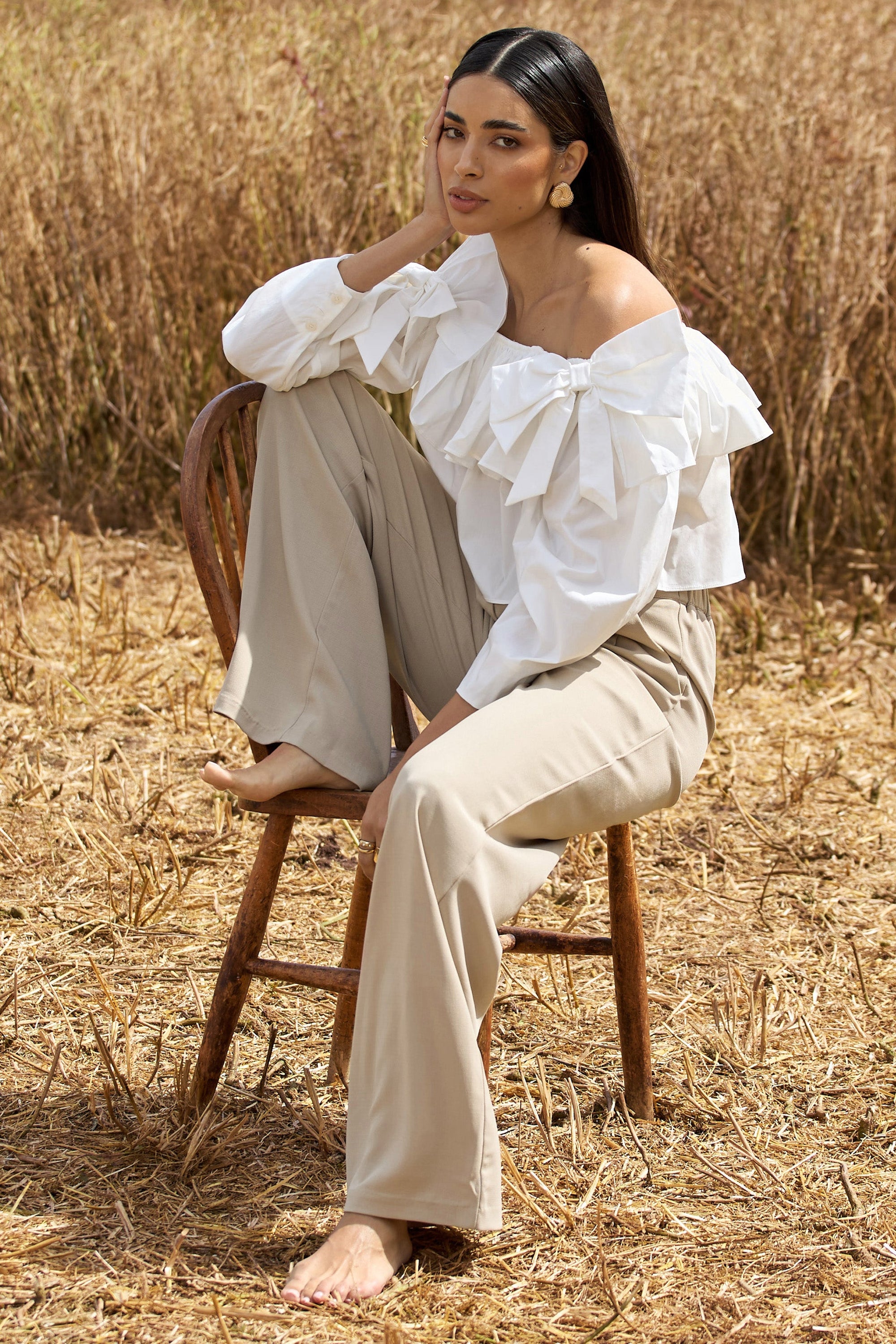 Cove | White Bardot Puff-Sleeve Ruffle Top With Bows - Club L 