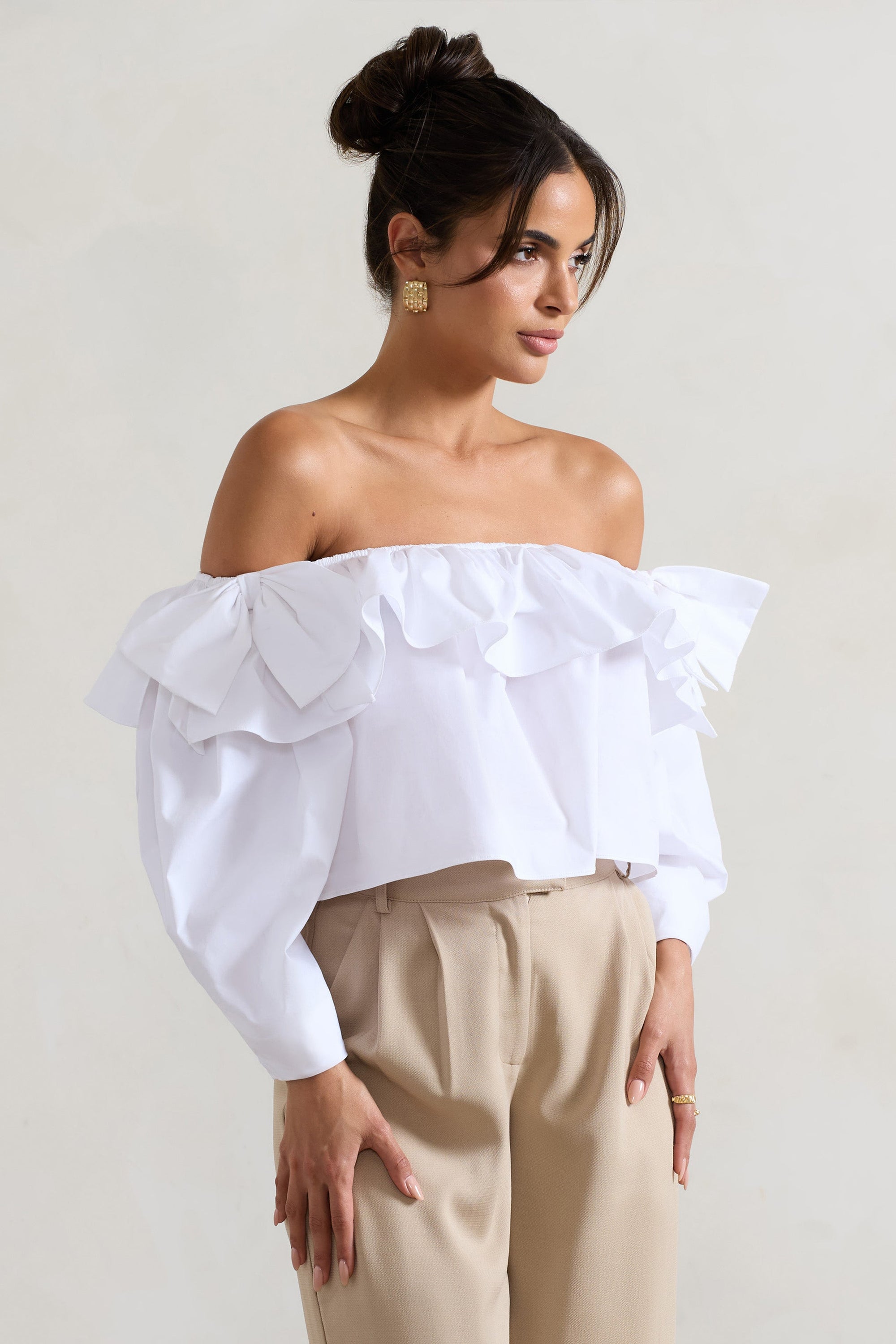 Cove | White Bardot Puff-Sleeve Ruffle Top With Bows - Club L 