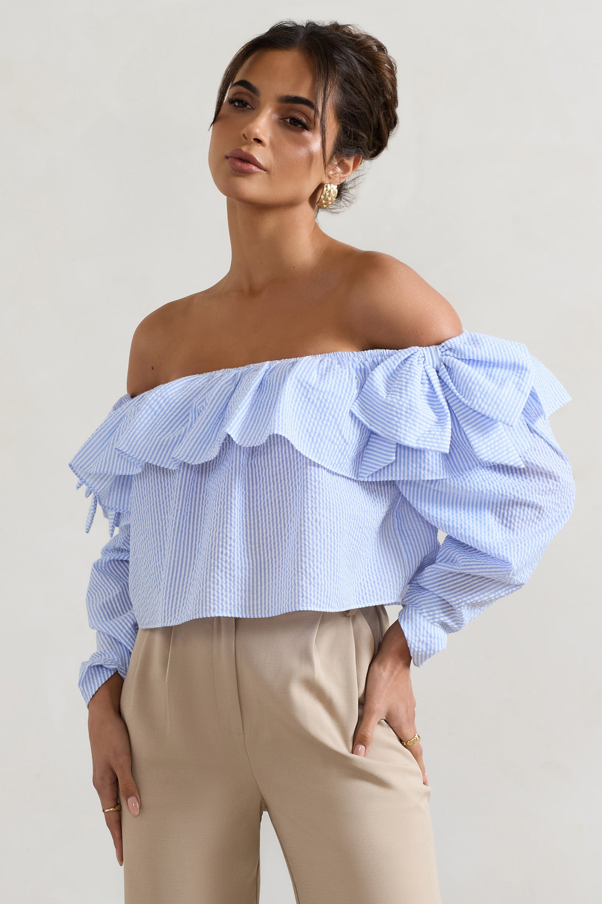Harbour | Blue Pinstripe Bardot Puff-Sleeve Top With Bows - Club L 