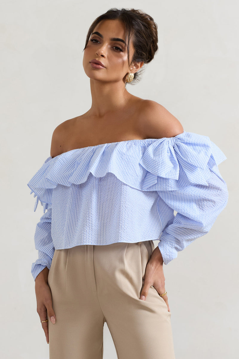Harbour | Blue Pinstripe Bardot Puff-Sleeve Top With Bows - Club L 