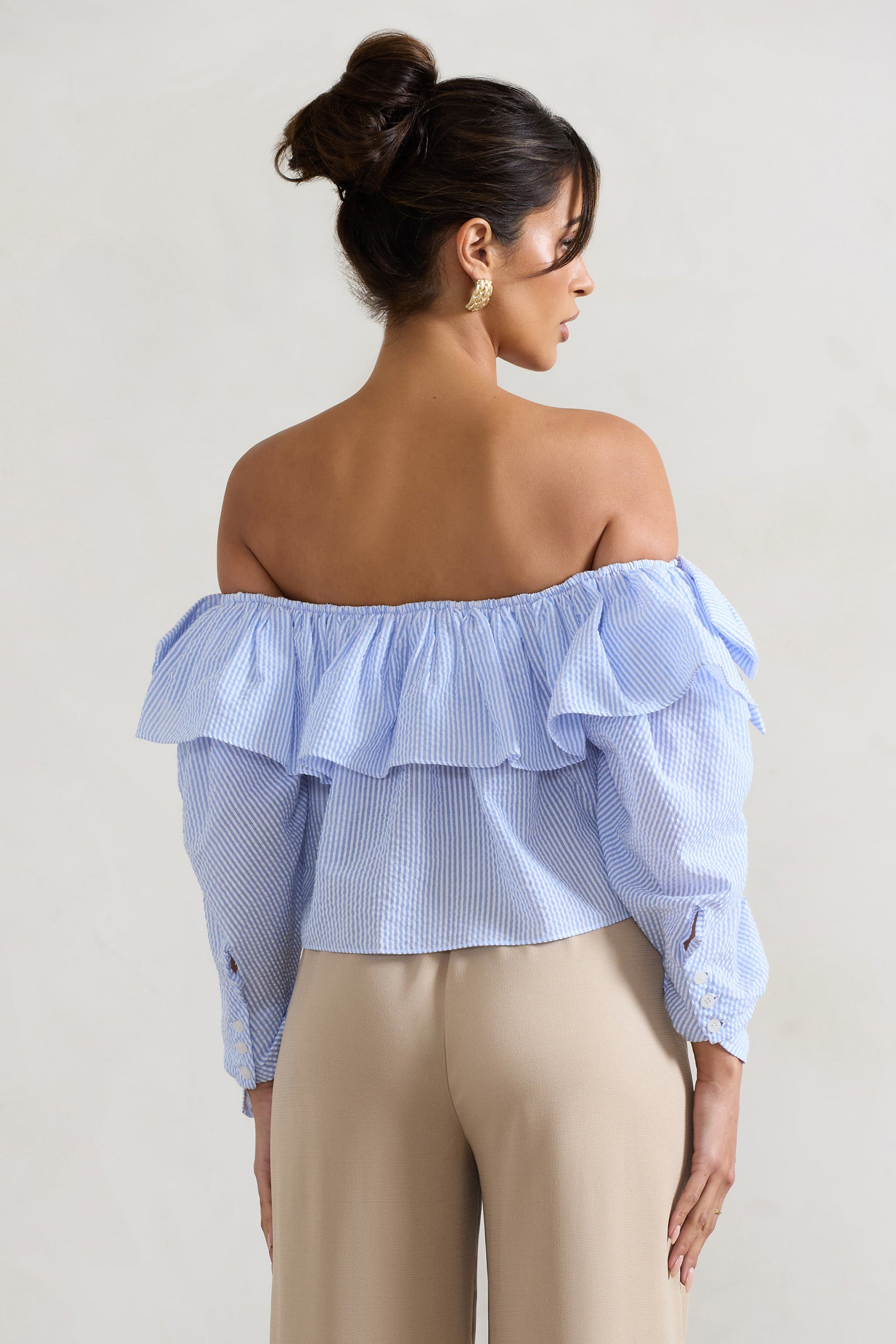 Harbour | Blue Pinstripe Bardot Puff-Sleeve Top With Bows - Club L 