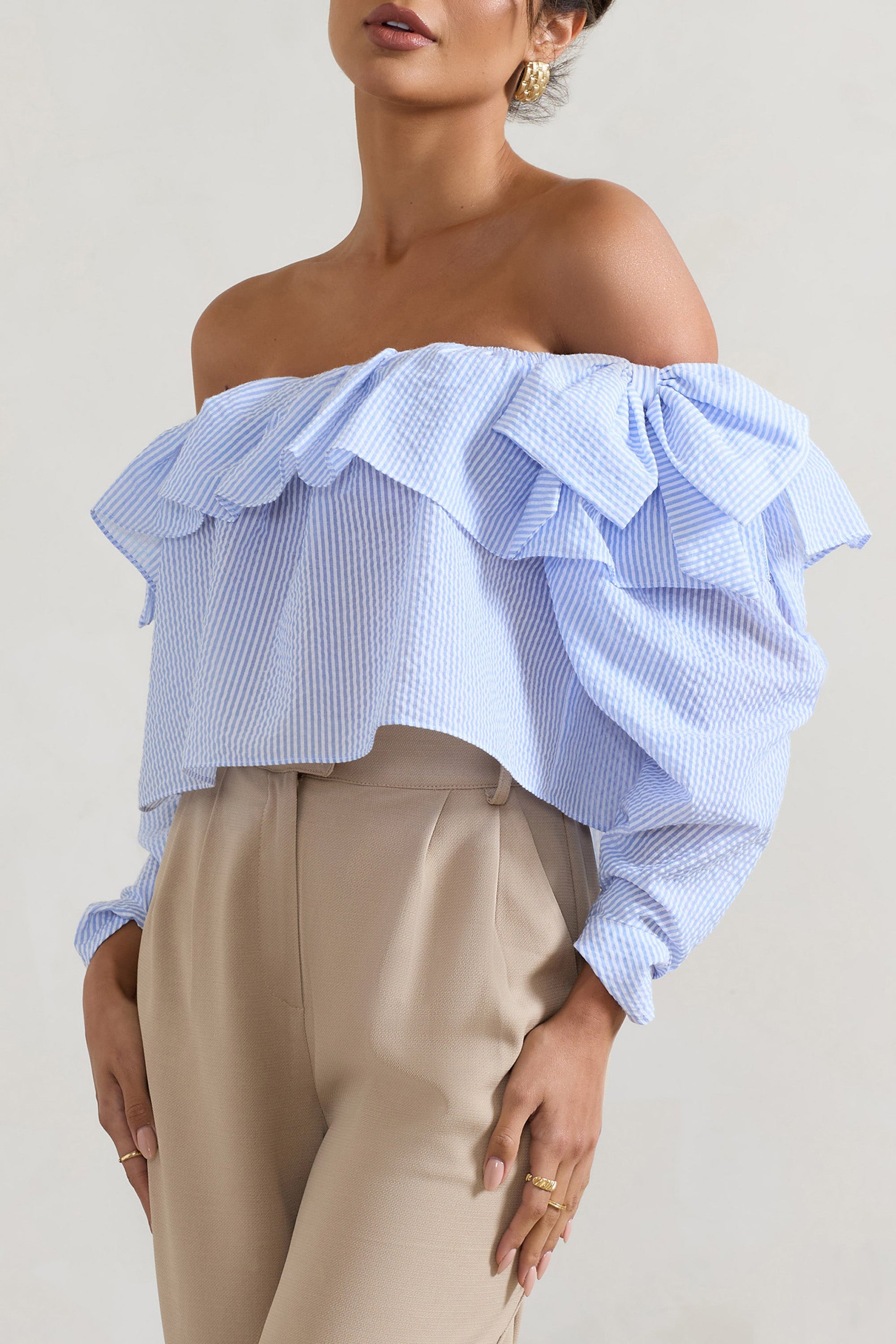 Harbour | Blue Pinstripe Bardot Puff-Sleeve Top With Bows - Club L 