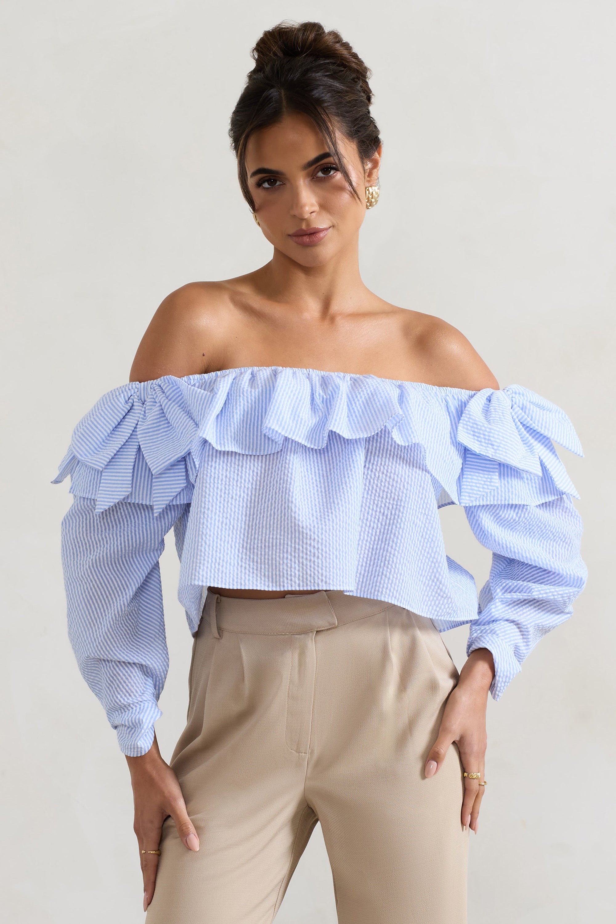 Harbour | Blue Pinstripe Bardot Puff-Sleeve Top With Bows - Club L 