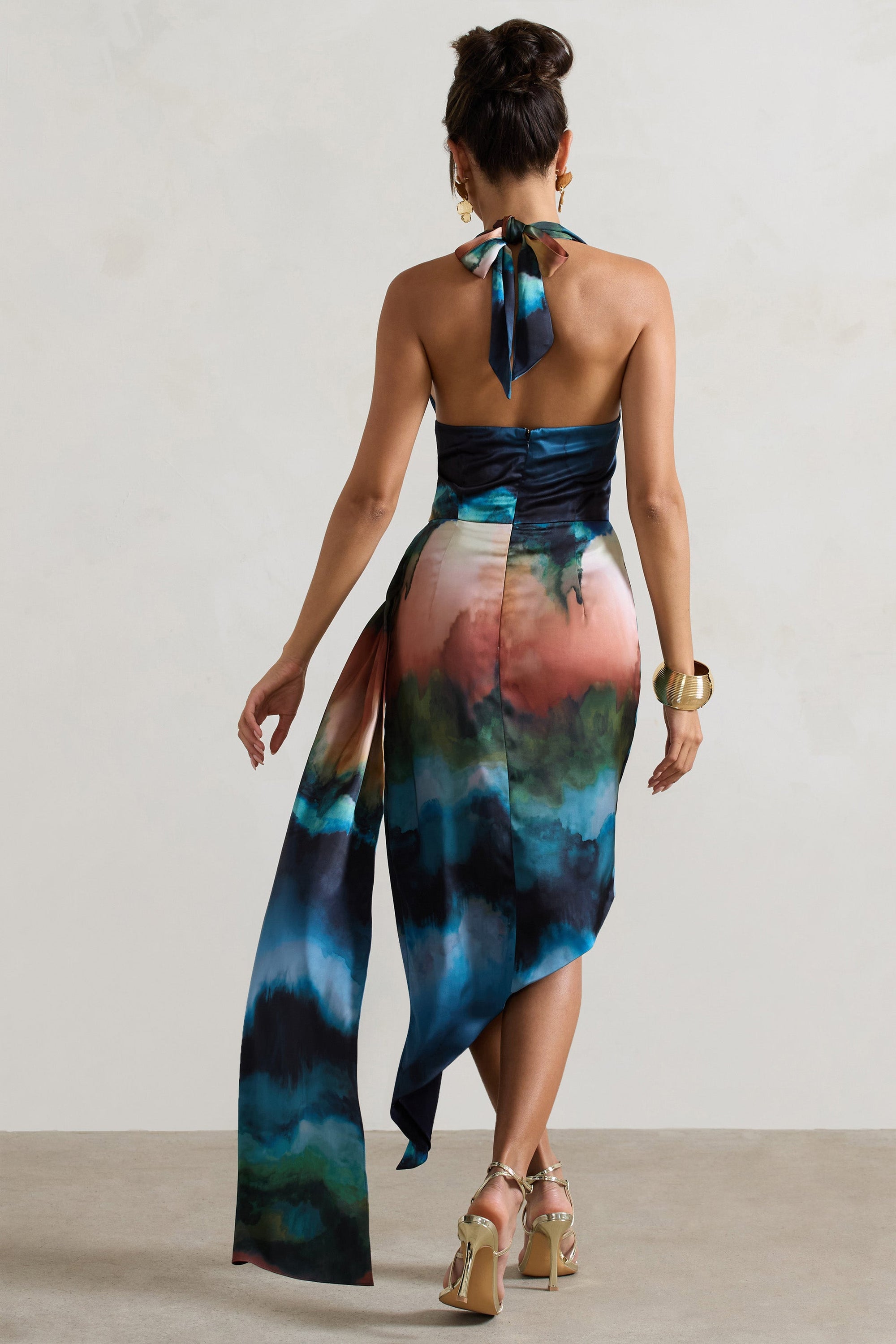Bali | Blue Blur Print Satin Cowl-Neck Draped Midi Dress - Club L 