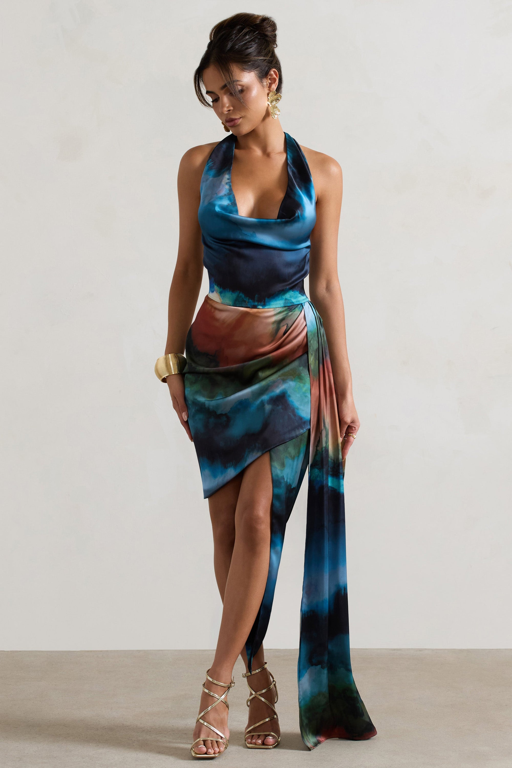 Bali | Blue Blur Print Satin Cowl-Neck Draped Midi Dress - Club L 
